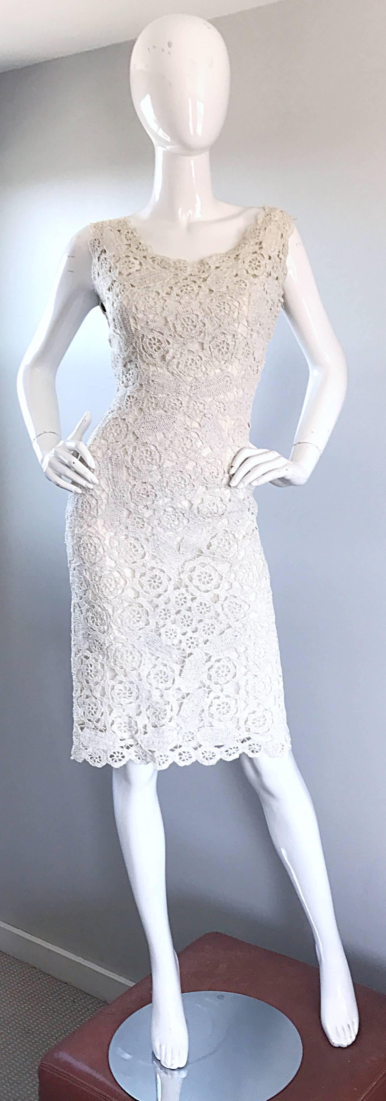 Beautiful 1950s White + Silver Raffia Hand Made Vintage 50s Wiggle Couture Dress For Sale 4