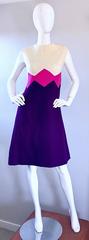 1960s Stacy Ames Purple + Ivory + Pink Color Block Zig Zag Vintage A Line Dress