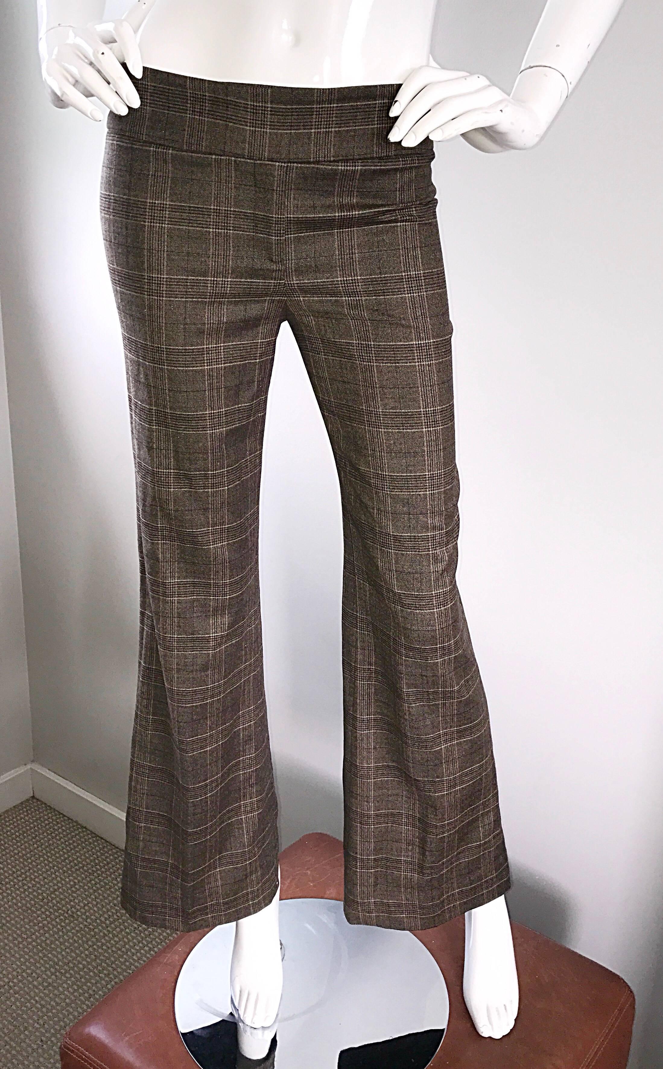 New Michael Kors Collection Size 2 Brown Glen Plaid Virgin Wool Flare Leg Pants In New Condition For Sale In San Diego, CA