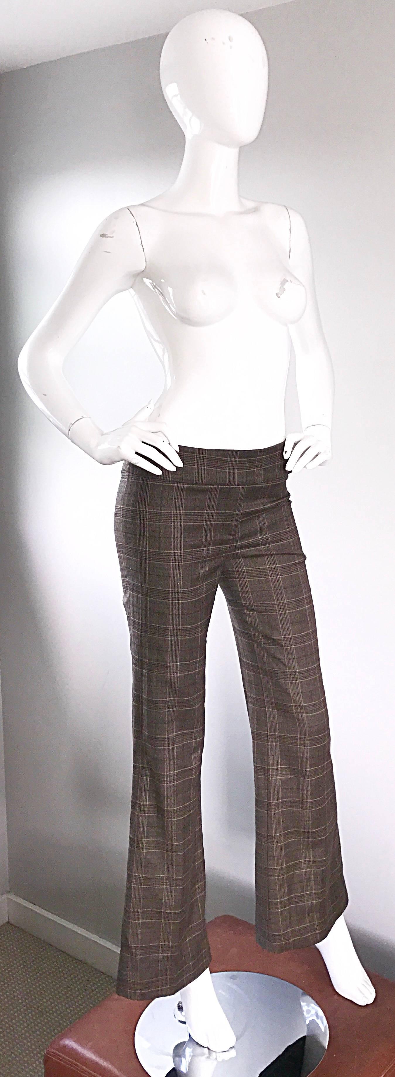 Women's New Michael Kors Collection Size 2 Brown Glen Plaid Virgin Wool Flare Leg Pants For Sale