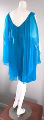 Amazing 1960s Turquoise Blue Chiffon Vintage Wiggle 60s Dress w/ Attached Cape