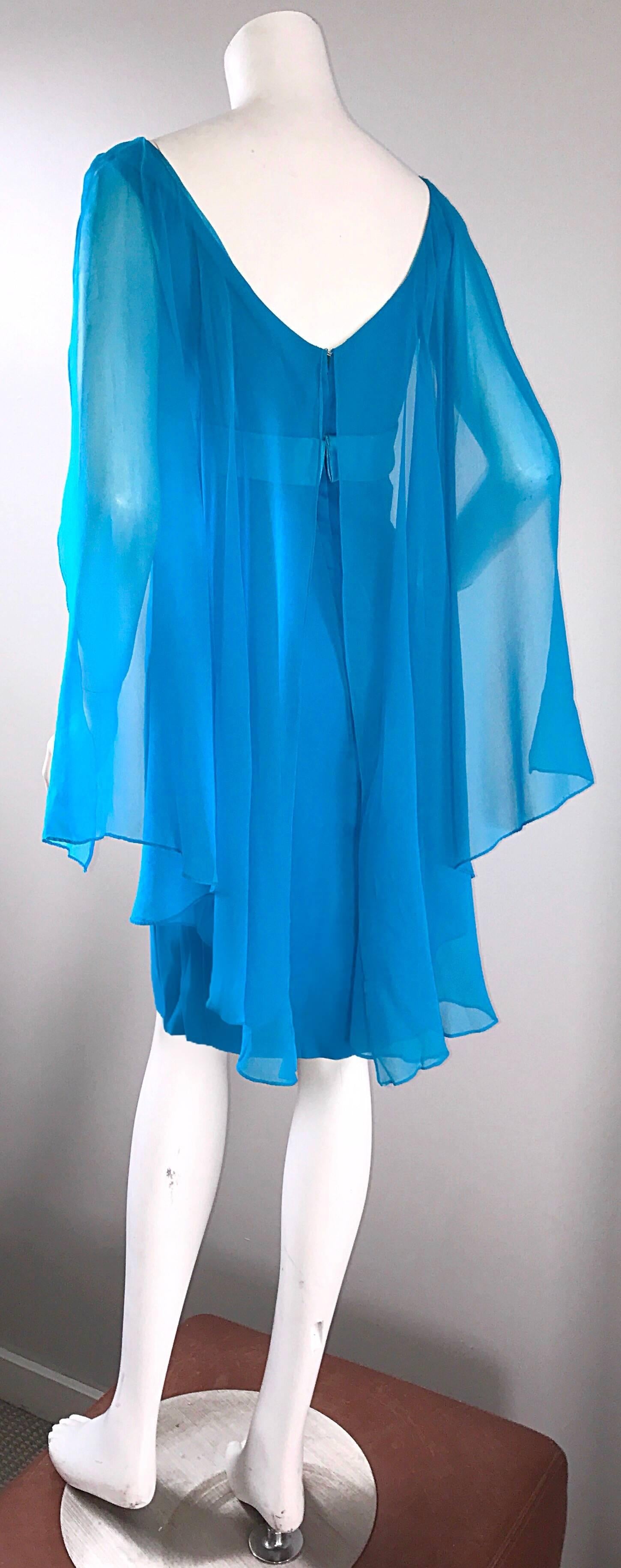 Amazing 1960s Turquoise Blue Chiffon Vintage Wiggle 60s Dress w/ Attached Cape For Sale 2