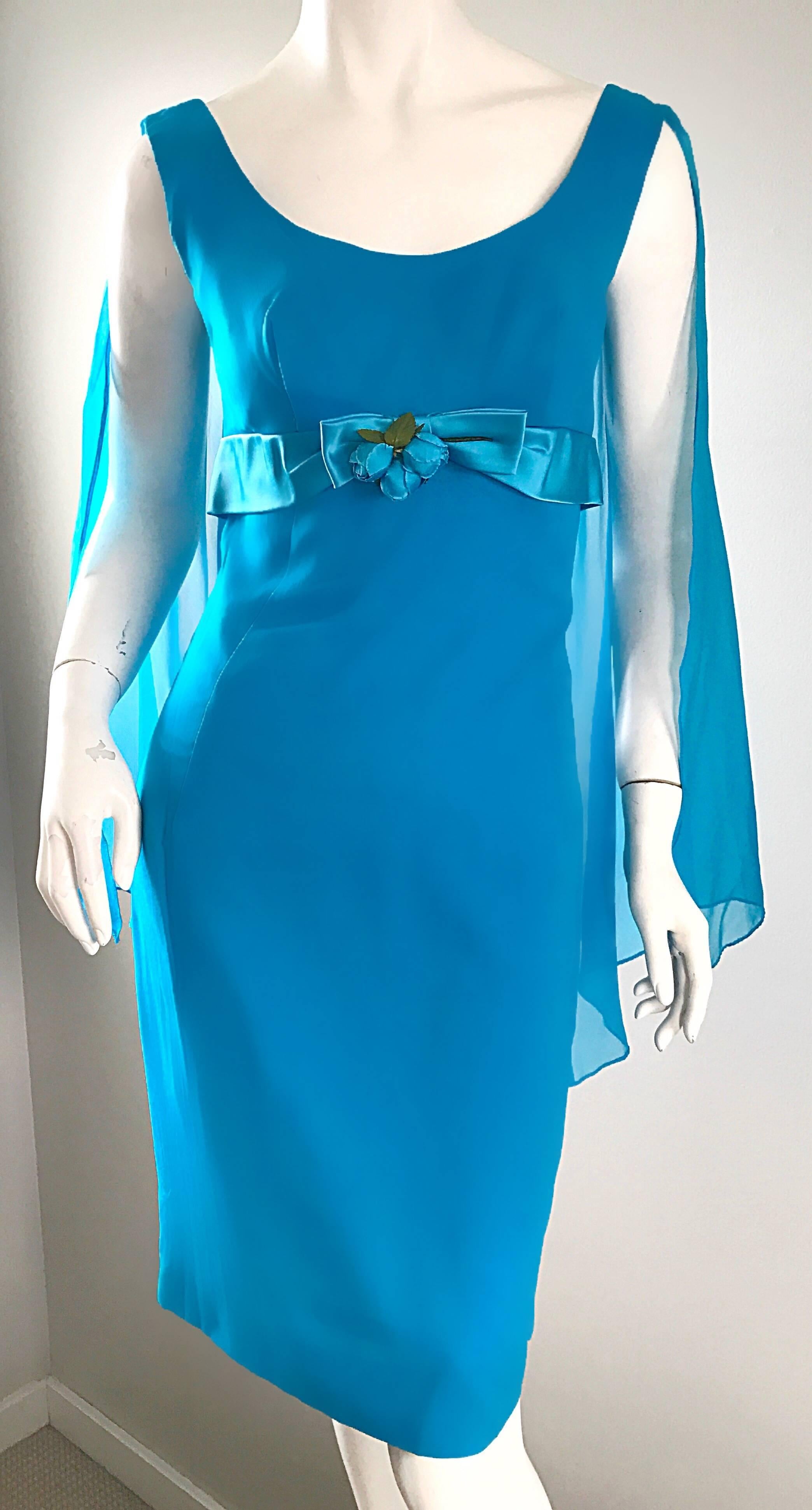 Women's Amazing 1960s Turquoise Blue Chiffon Vintage Wiggle 60s Dress w/ Attached Cape For Sale