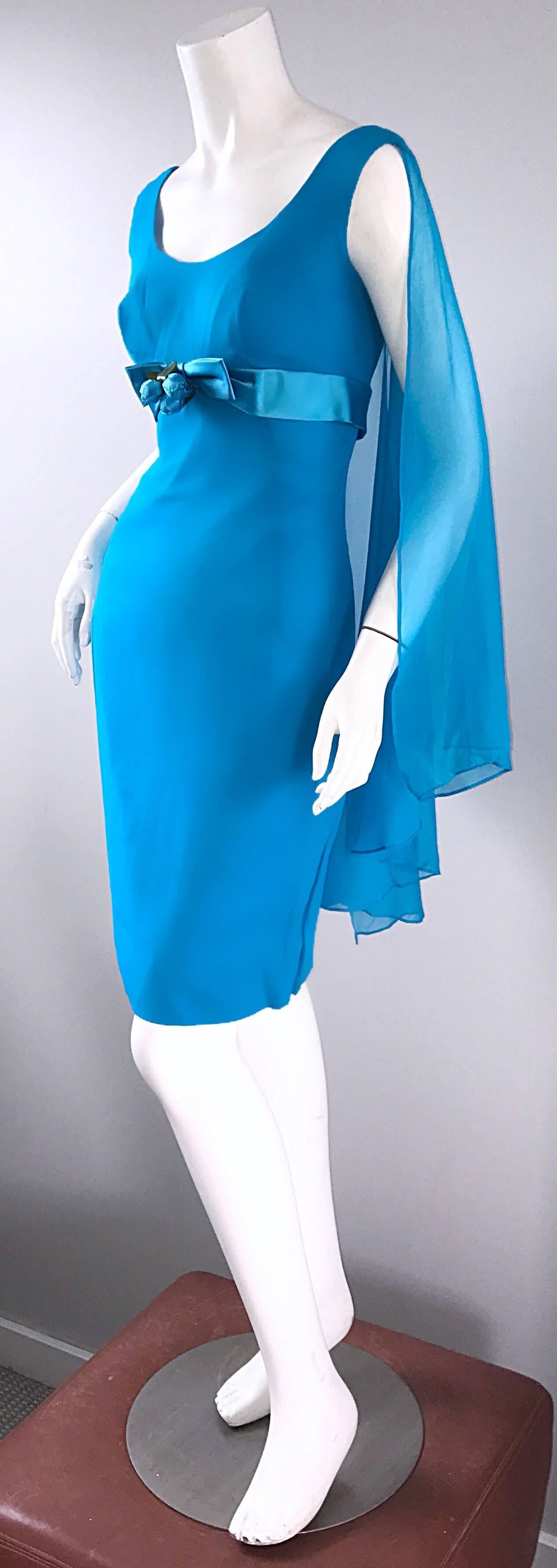 Amazing 1960s Turquoise Blue Chiffon Vintage Wiggle 60s Dress w/ Attached Cape For Sale 1