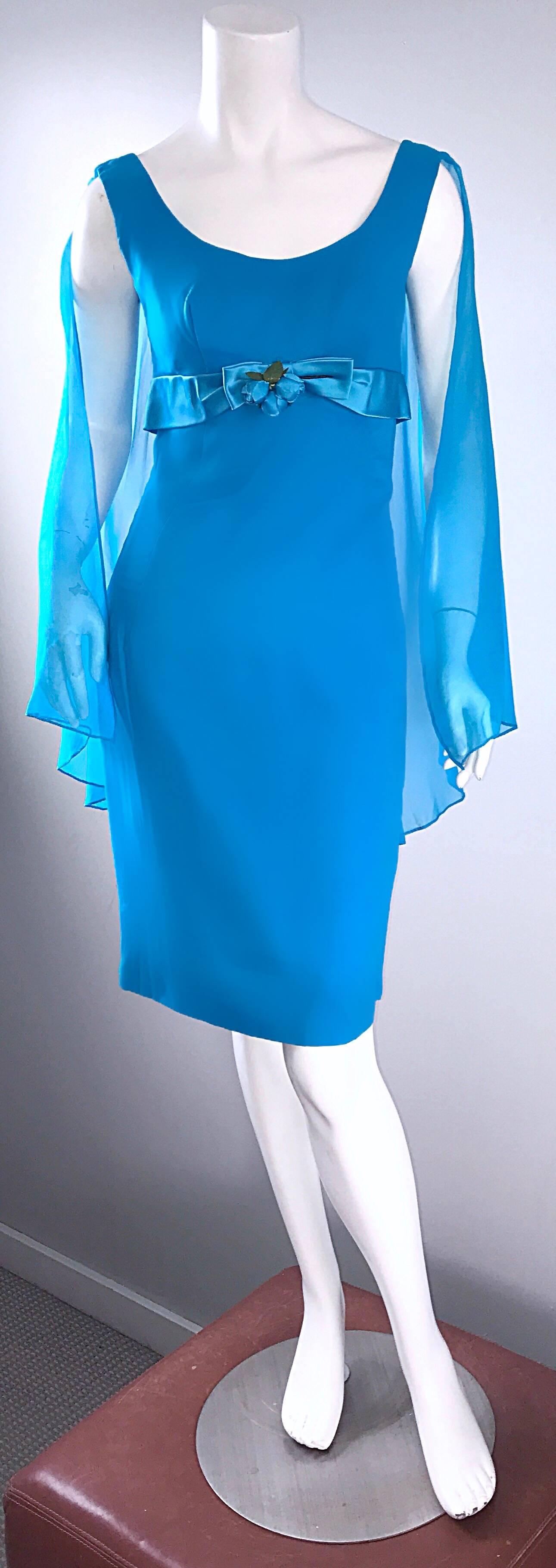 Amazing 1960s Turquoise Blue Chiffon Vintage Wiggle 60s Dress w/ Attached Cape For Sale 3