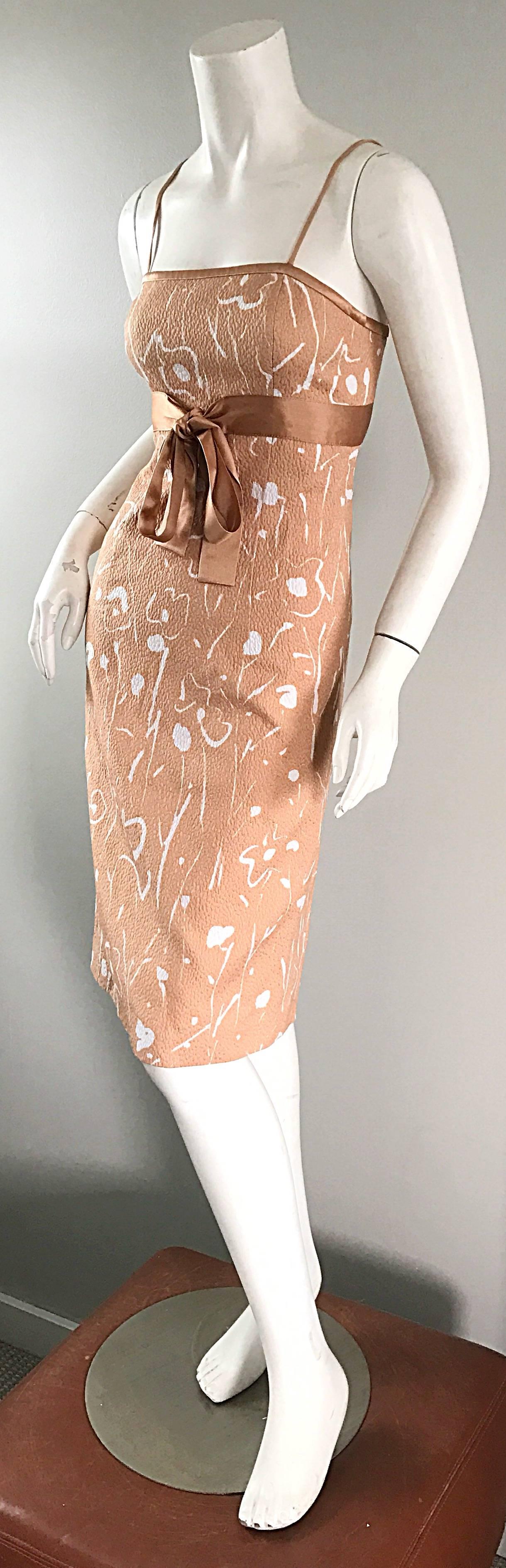 Brown 1990s Luca Luca Italian Peach Pink White Floral Abstract Silk Sleeveless Dress For Sale