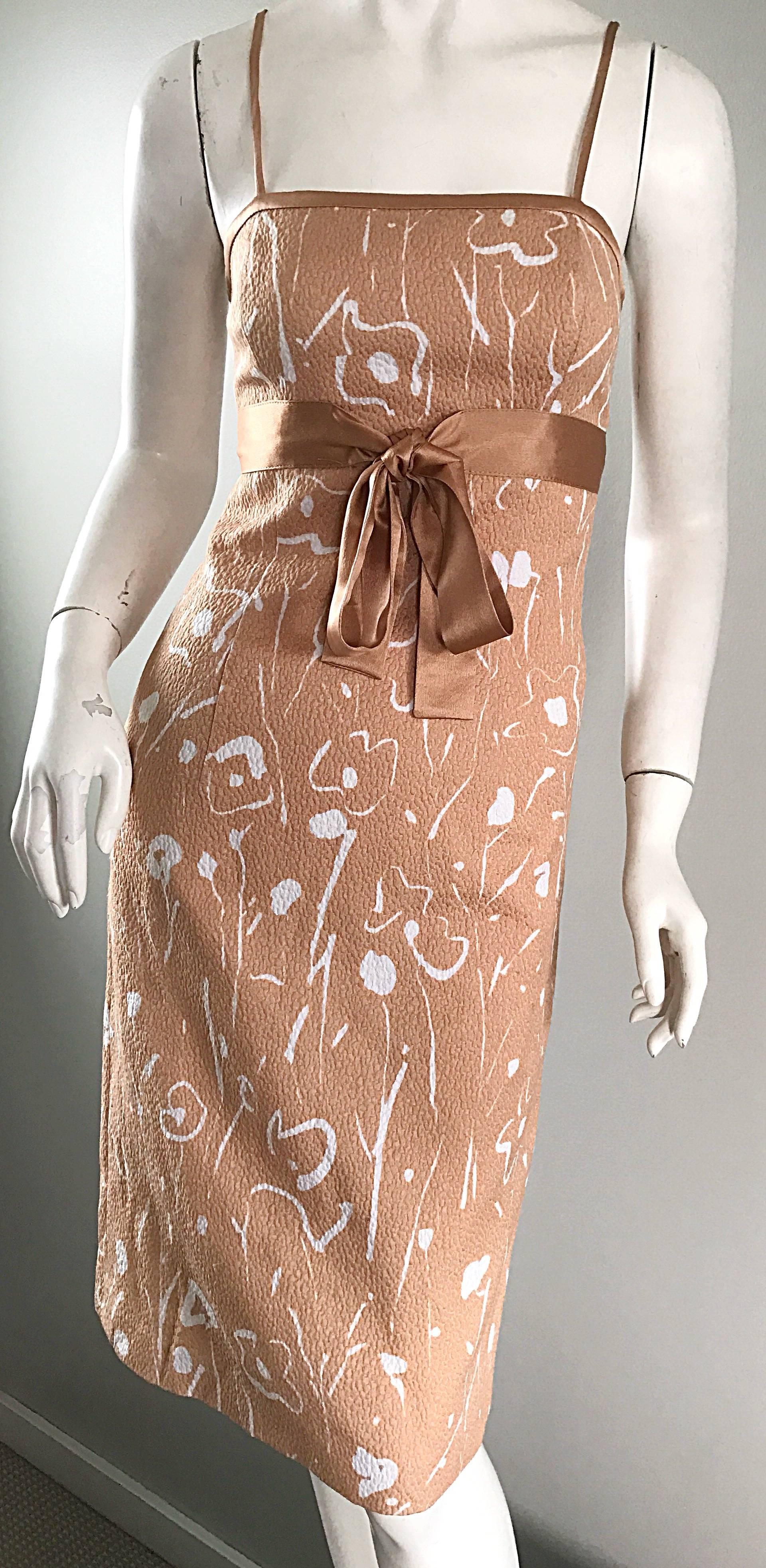 Women's 1990s Luca Luca Italian Peach Pink White Floral Abstract Silk Sleeveless Dress For Sale