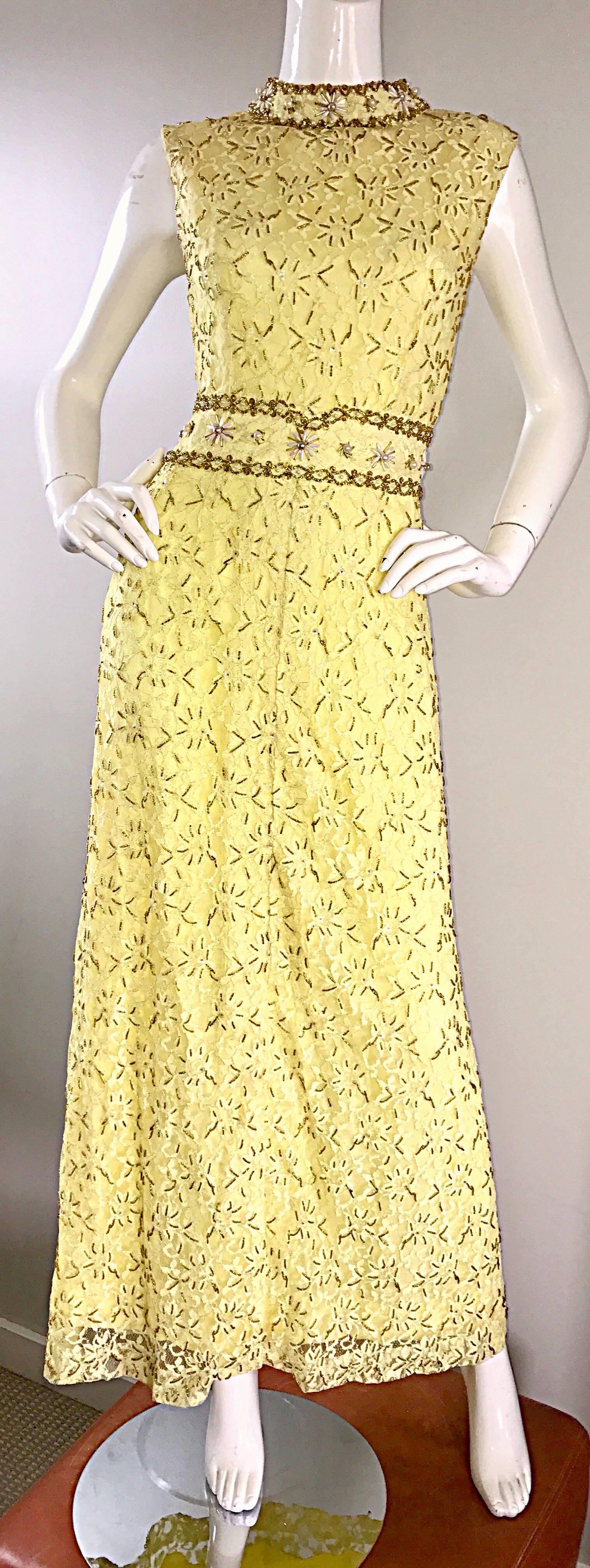 Yellow Silk Lace Beaded Pearl Sequin High Neck Vintage Gown, 1960s  In Excellent Condition In San Diego, CA