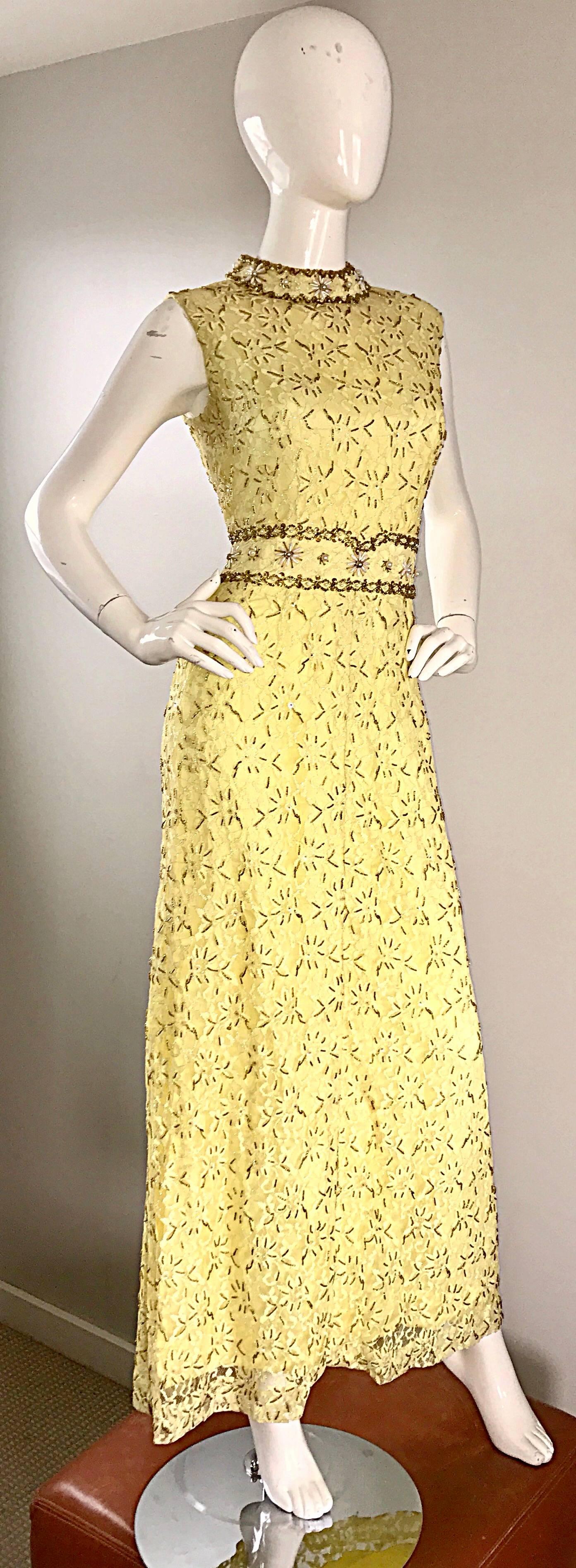 Yellow Silk Lace Beaded Pearl Sequin High Neck Vintage Gown, 1960s  1