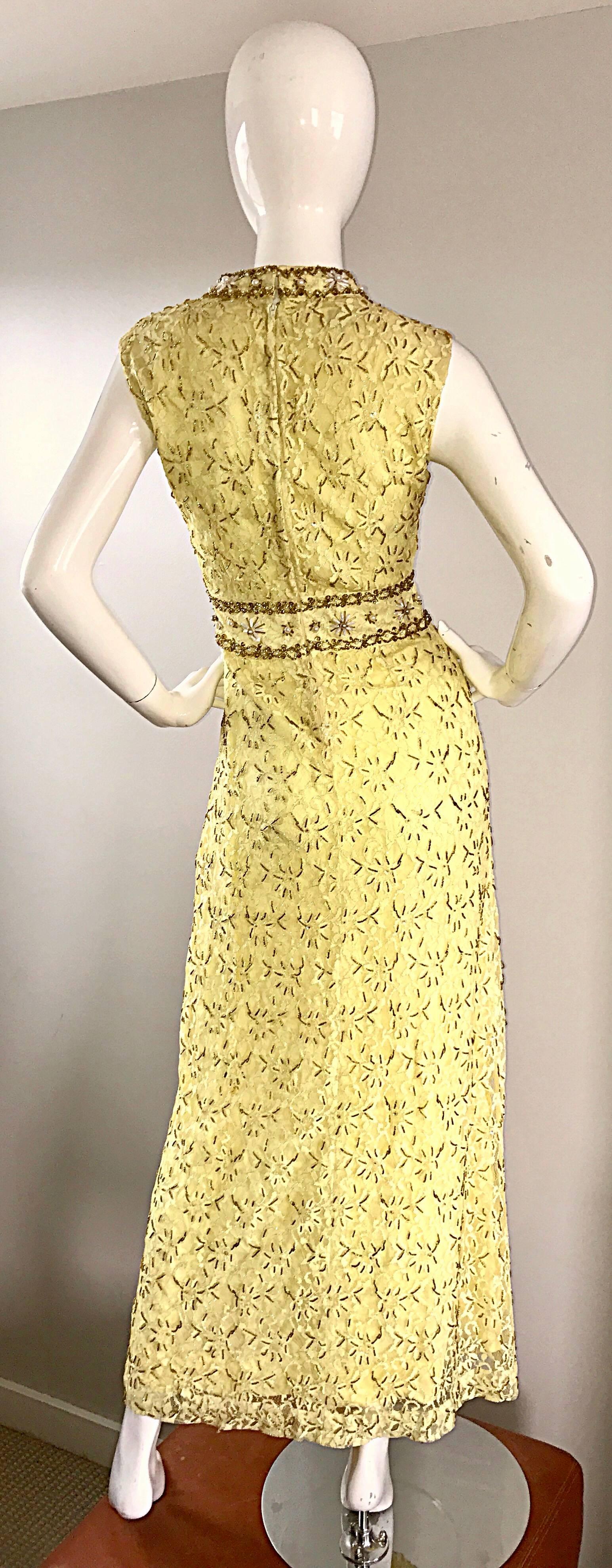 Women's Yellow Silk Lace Beaded Pearl Sequin High Neck Vintage Gown, 1960s 