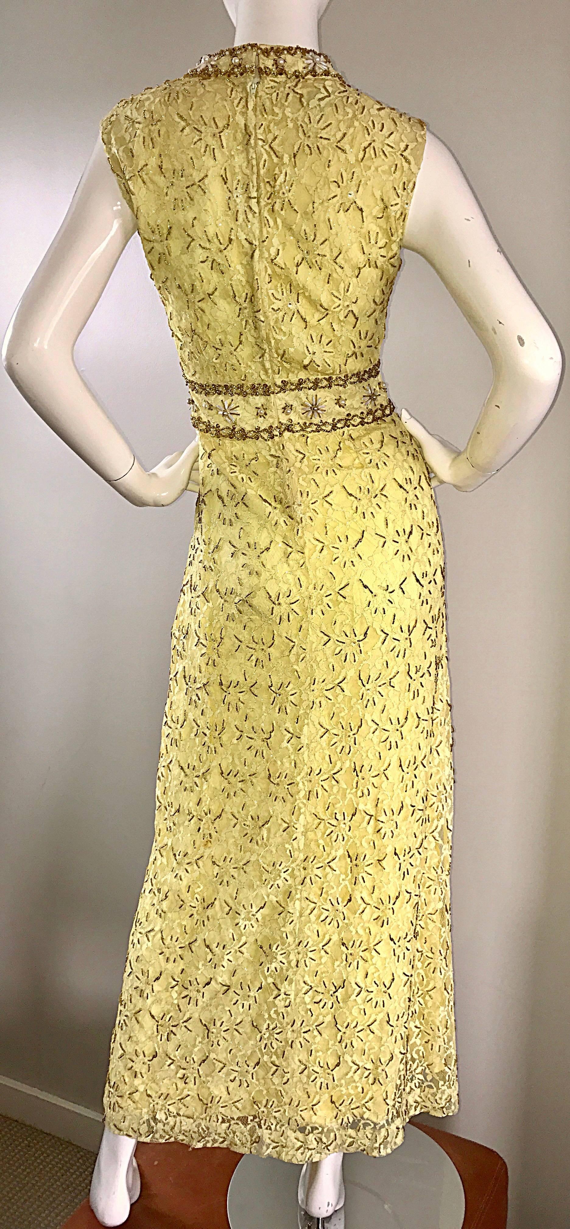 Yellow Silk Lace Beaded Pearl Sequin High Neck Vintage Gown, 1960s  2