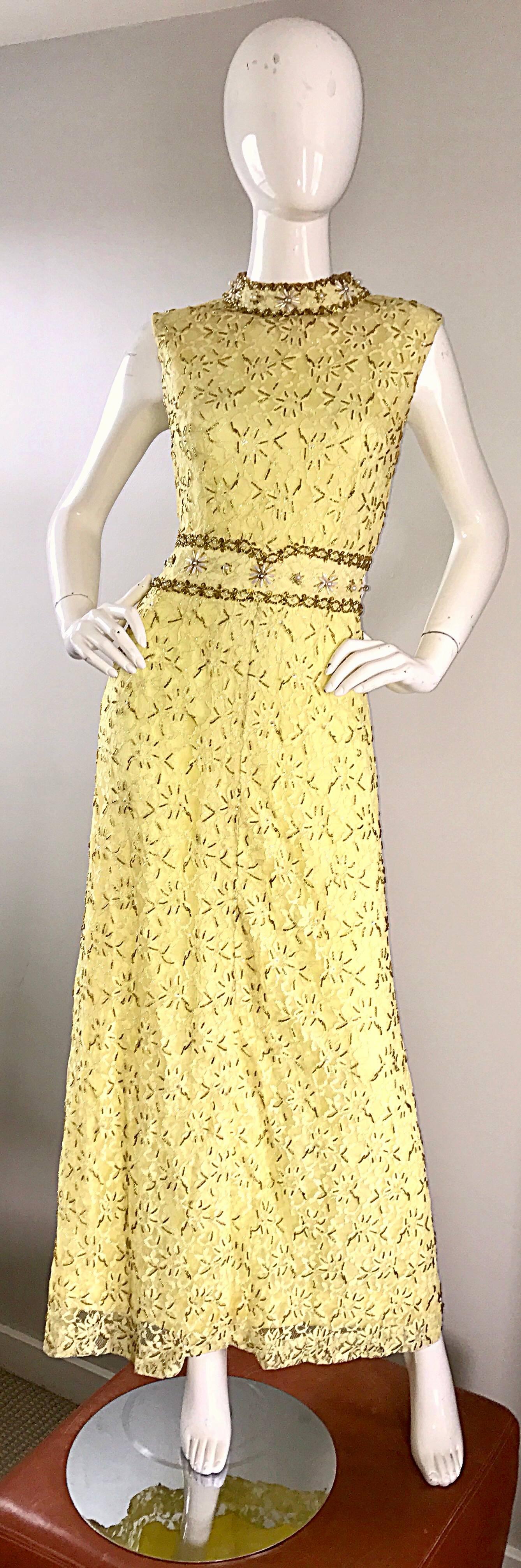 Yellow Silk Lace Beaded Pearl Sequin High Neck Vintage Gown, 1960s  3