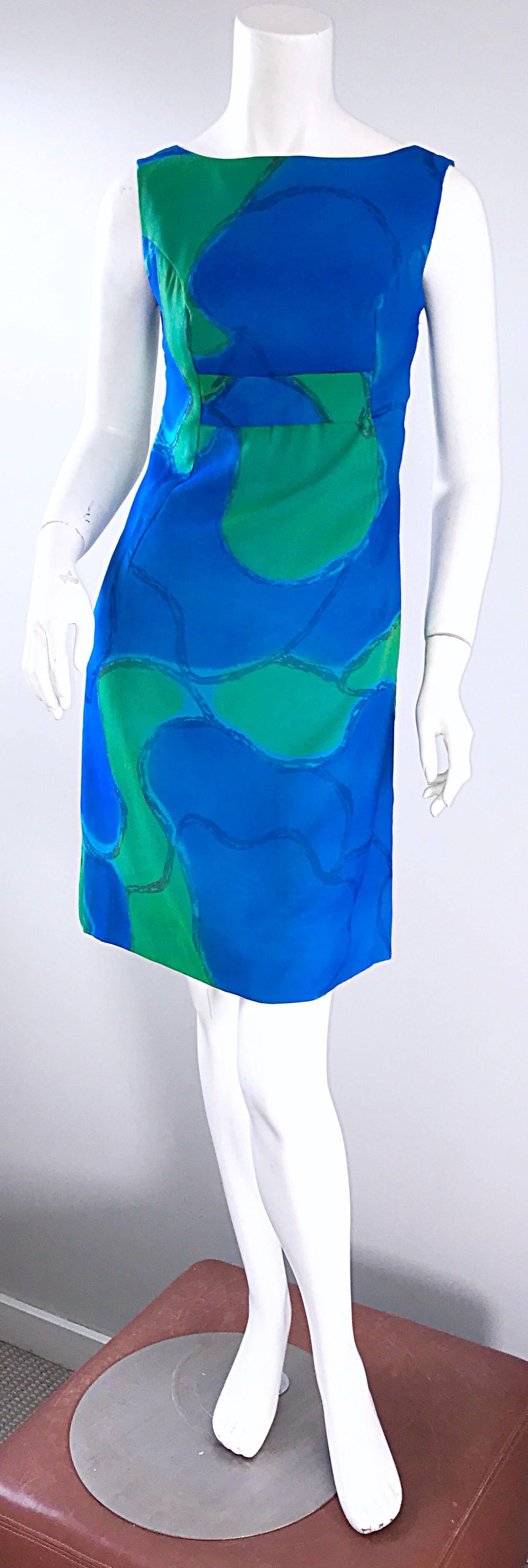 Chic 1960s Turquoise Blue and Green Watercolor Chiffon Demi Couture Shift Dress In Excellent Condition For Sale In San Diego, CA