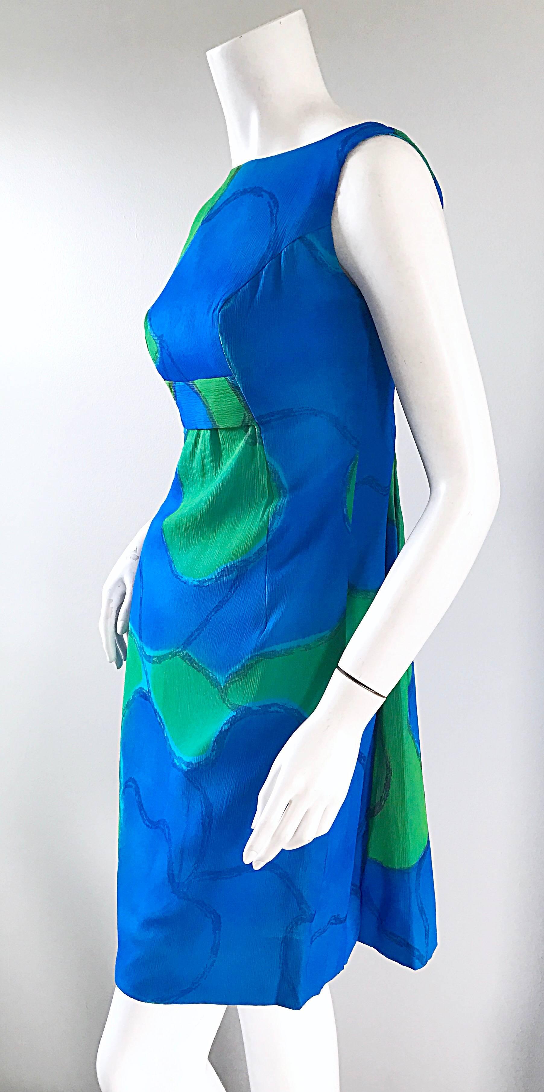 Women's Chic 1960s Turquoise Blue and Green Watercolor Chiffon Demi Couture Shift Dress For Sale