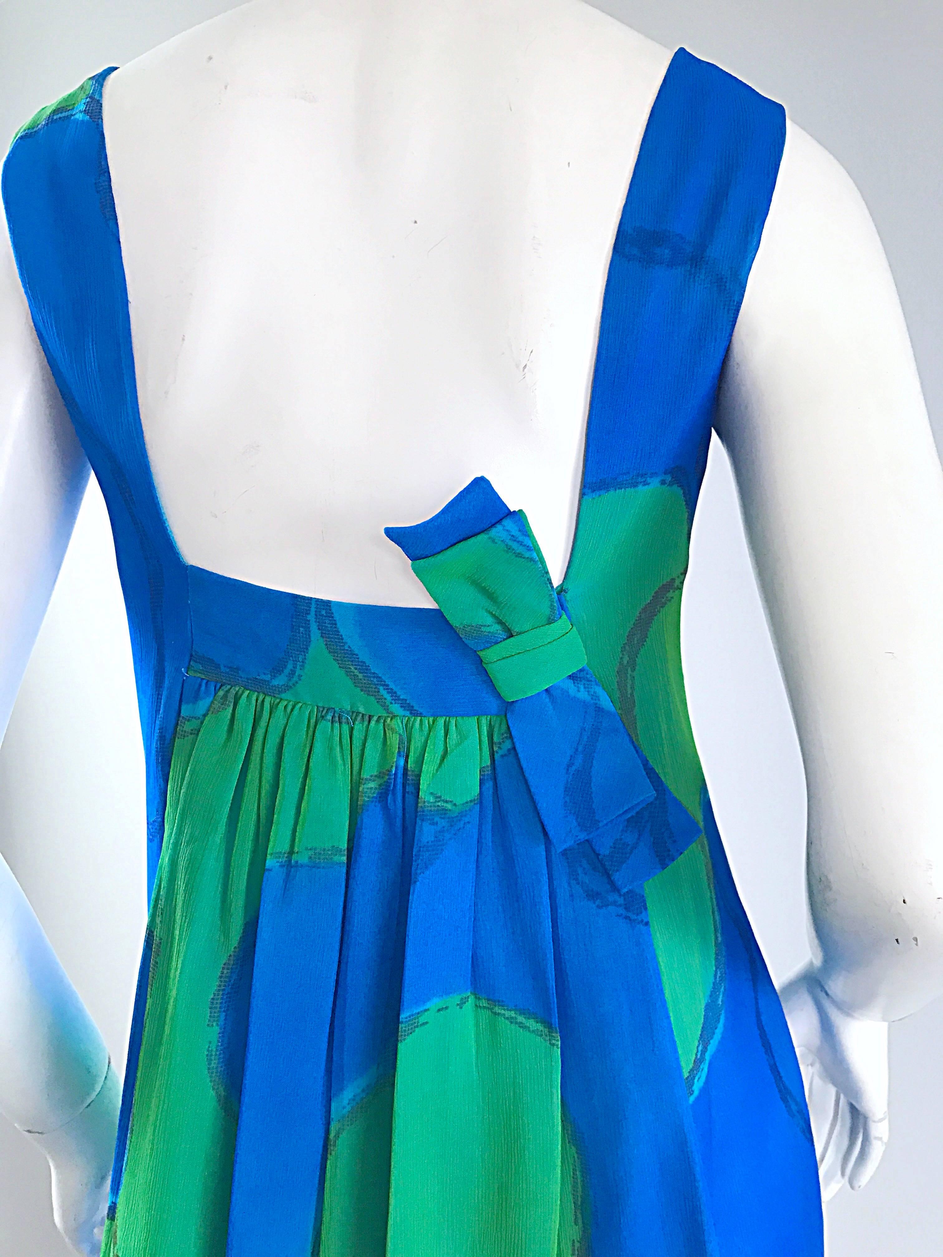Chic 1960s Turquoise Blue and Green Watercolor Chiffon Demi Couture Shift Dress For Sale 1