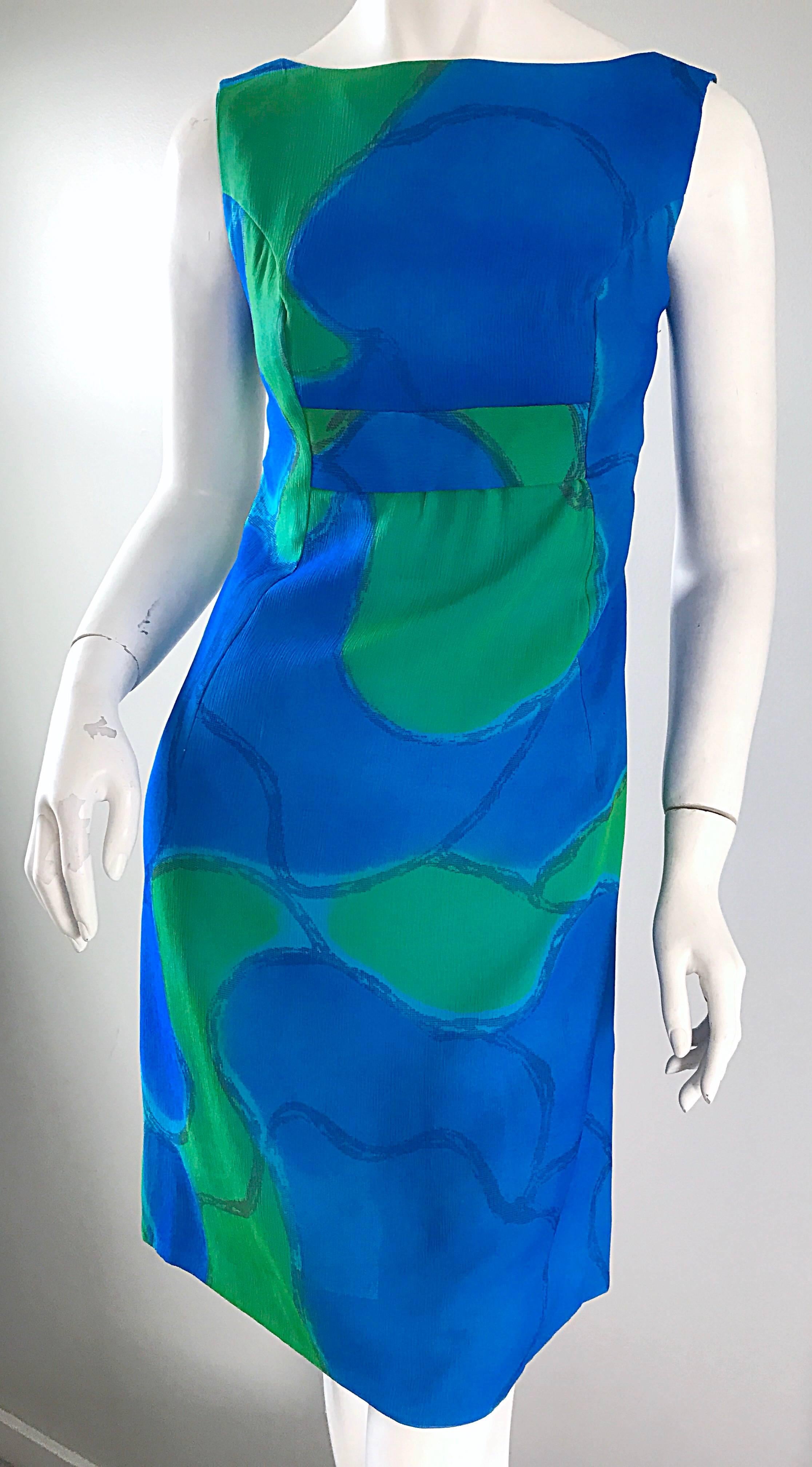 Chic 1960s Turquoise Blue and Green Watercolor Chiffon Demi Couture Shift Dress For Sale 2