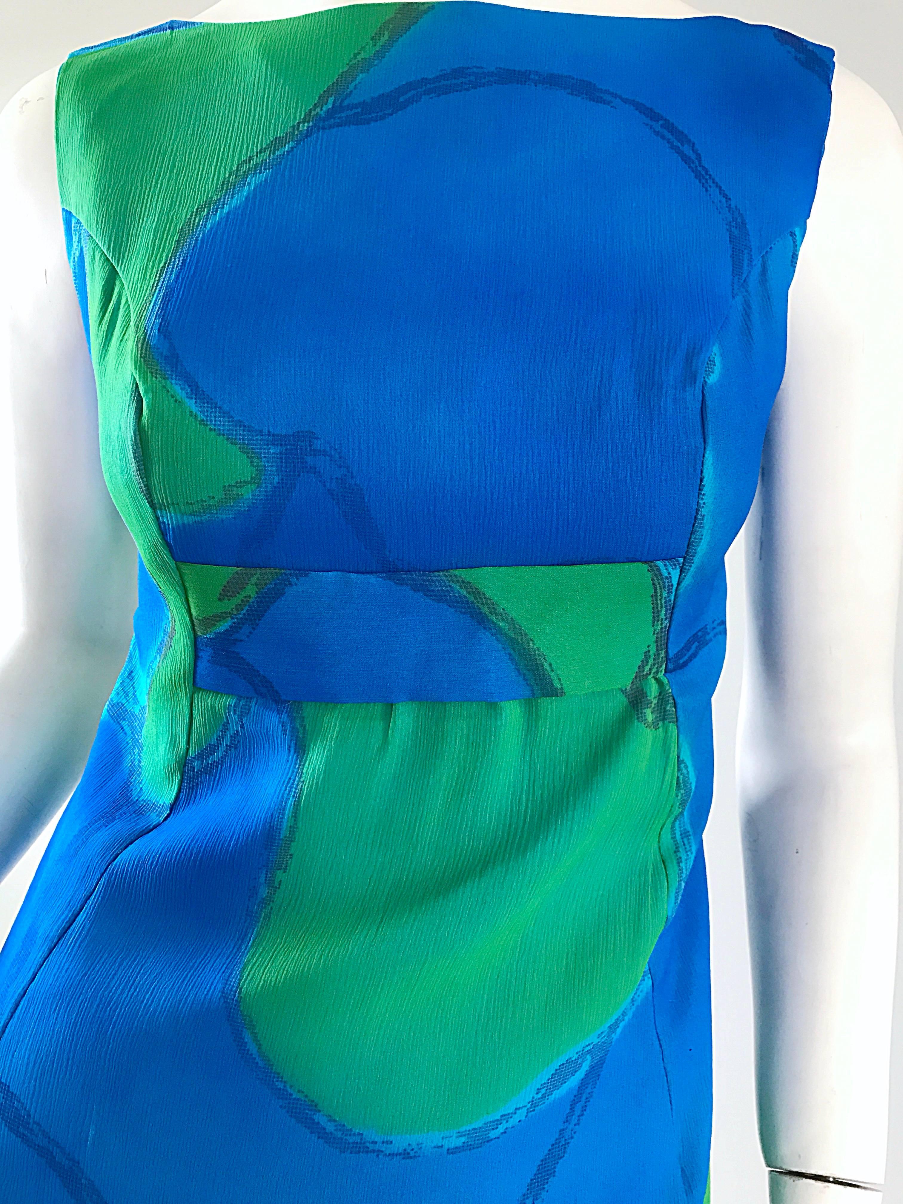 Chic 1960s Turquoise Blue and Green Watercolor Chiffon Demi Couture Shift Dress For Sale 3