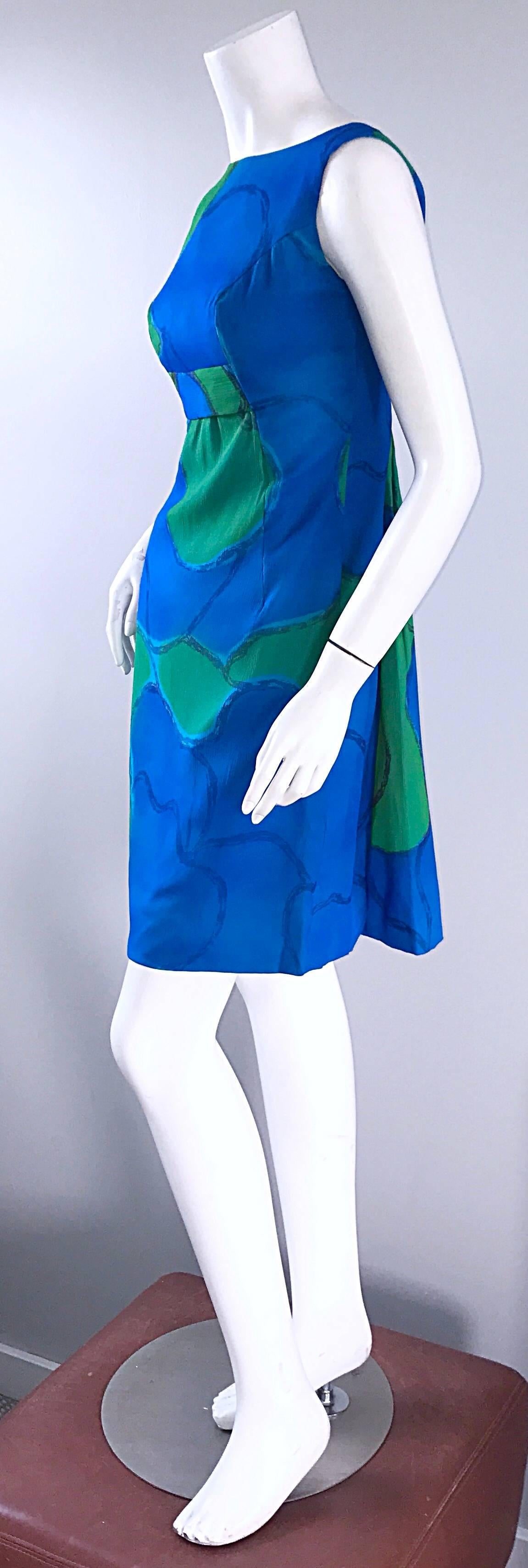 Chic 1960s Turquoise Blue and Green Watercolor Chiffon Demi Couture Shift Dress For Sale 4