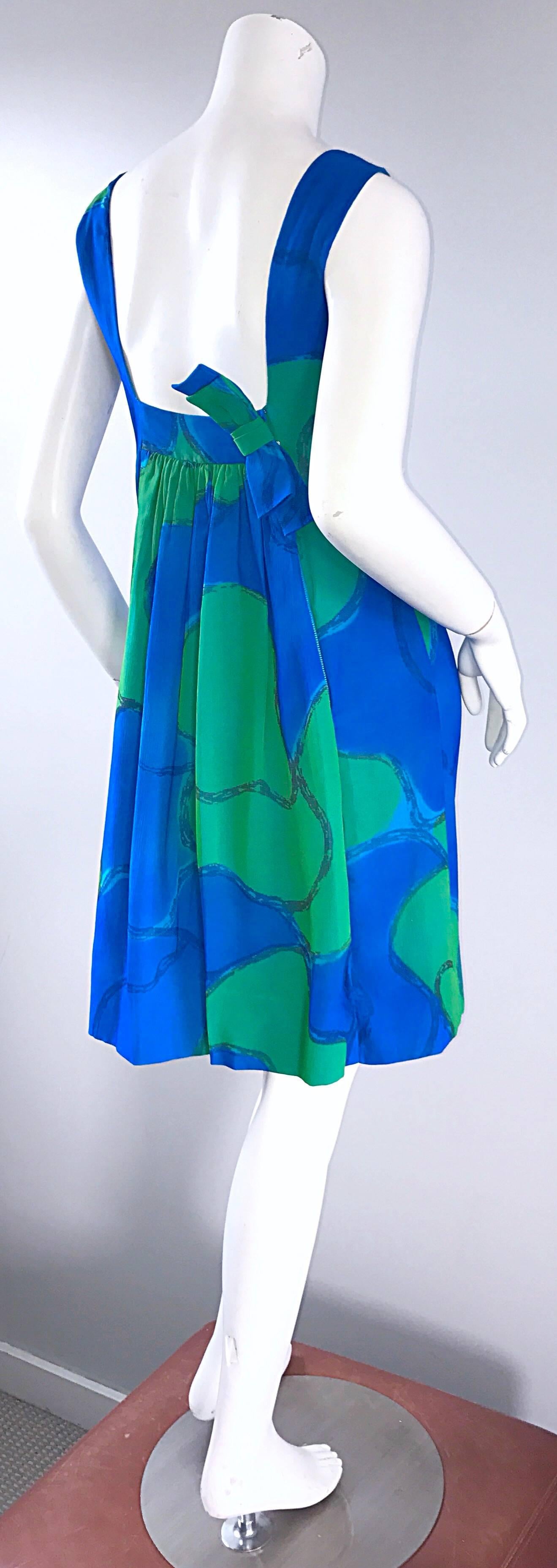 Chic 1960s Turquoise Blue and Green Watercolor Chiffon Demi Couture Shift Dress For Sale 5