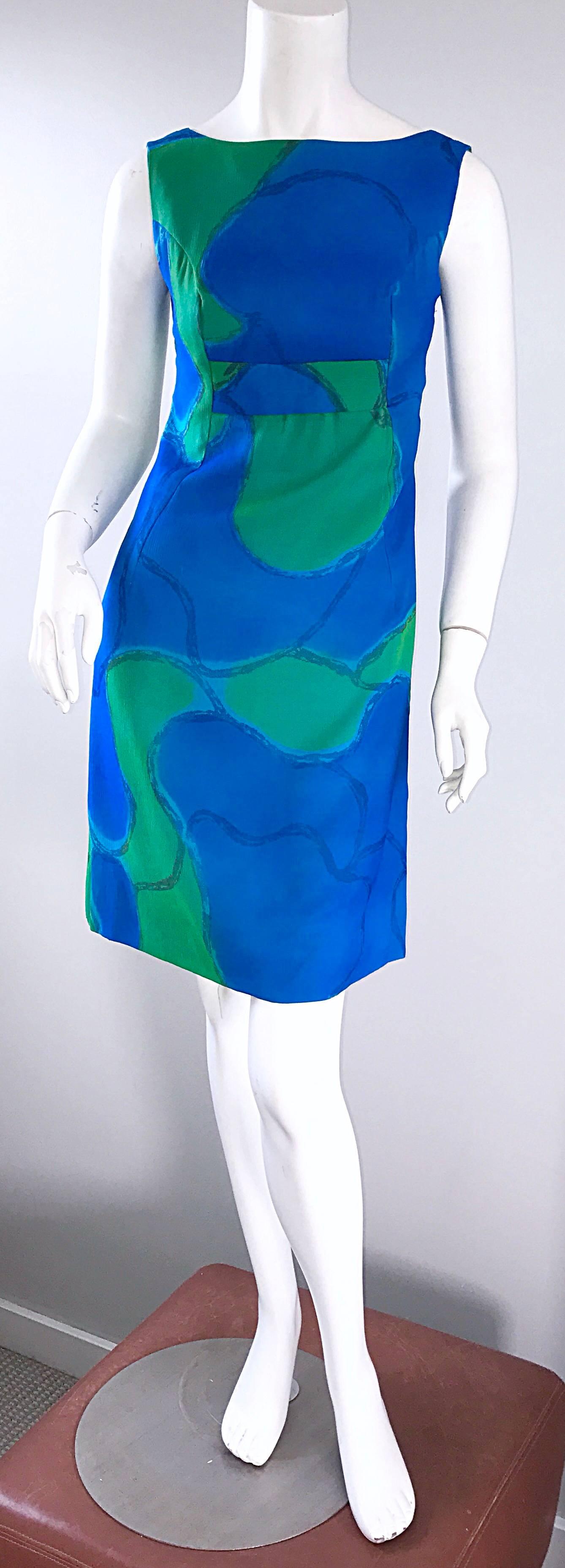 Chic 1960s Turquoise Blue and Green Watercolor Chiffon Demi Couture Shift Dress For Sale 6