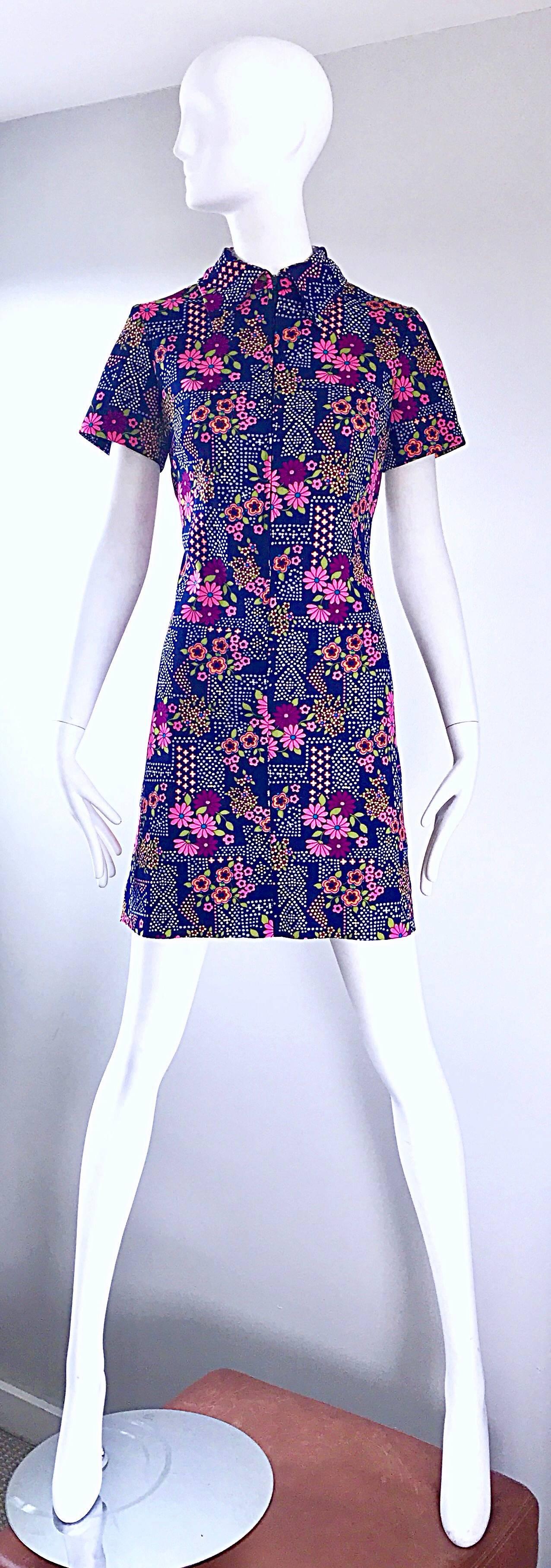 Women's Chic 1960s Colorful Daisy Flower Print Vintage 60s Mod Mini Shirt Shift Dress