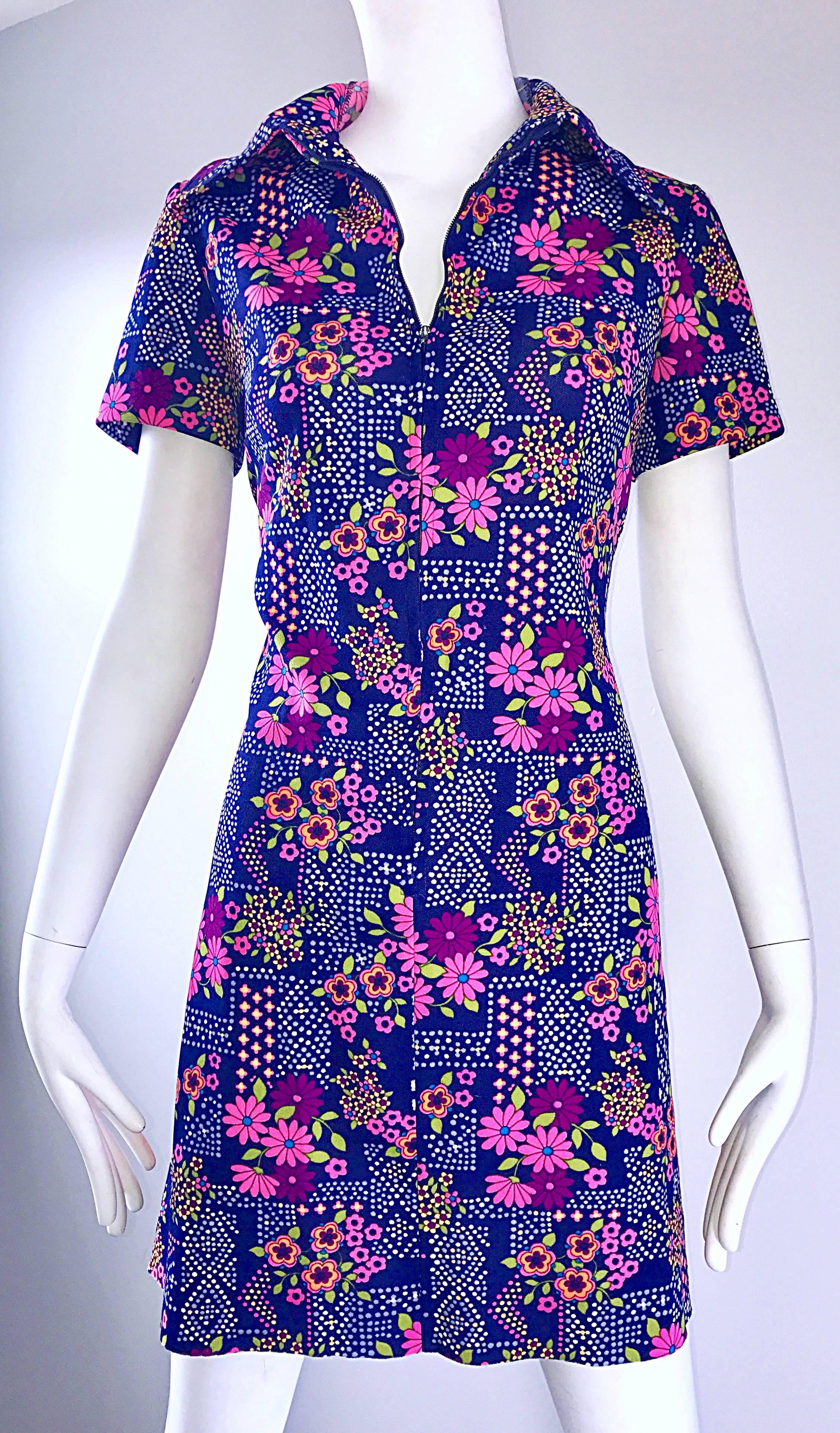 Chic 1960s Colorful Daisy Flower Print Vintage 60s Mod Mini Shirt Shift Dress 2
