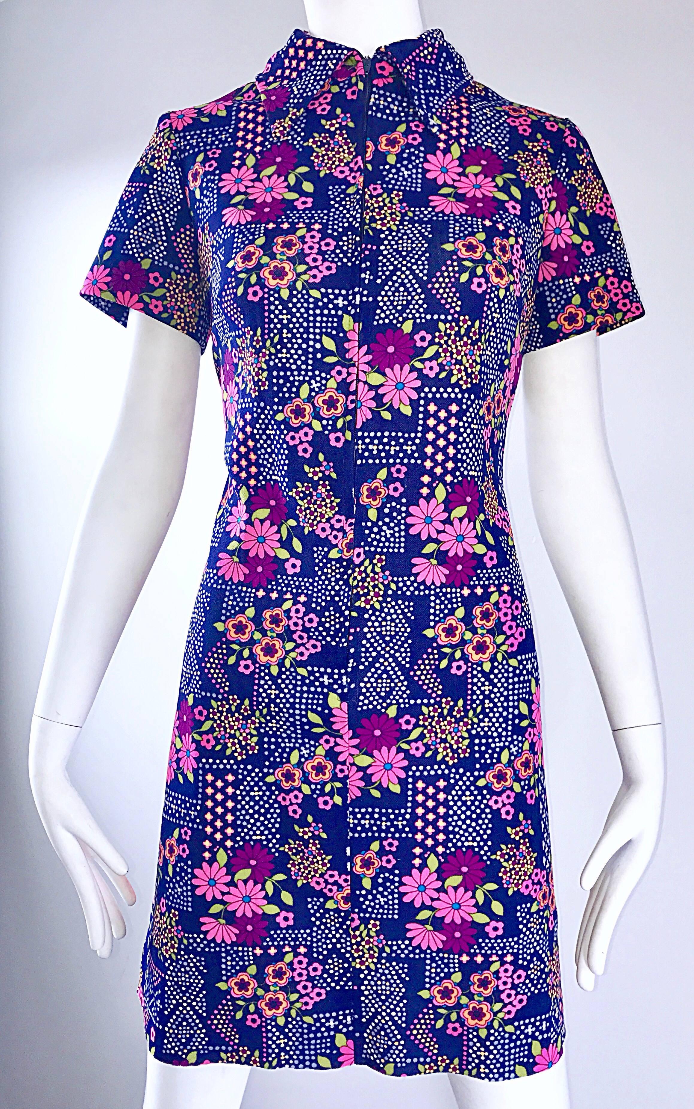 Chic 1960s Colorful Daisy Flower Print Vintage 60s Mod Mini Shirt Shift Dress 5
