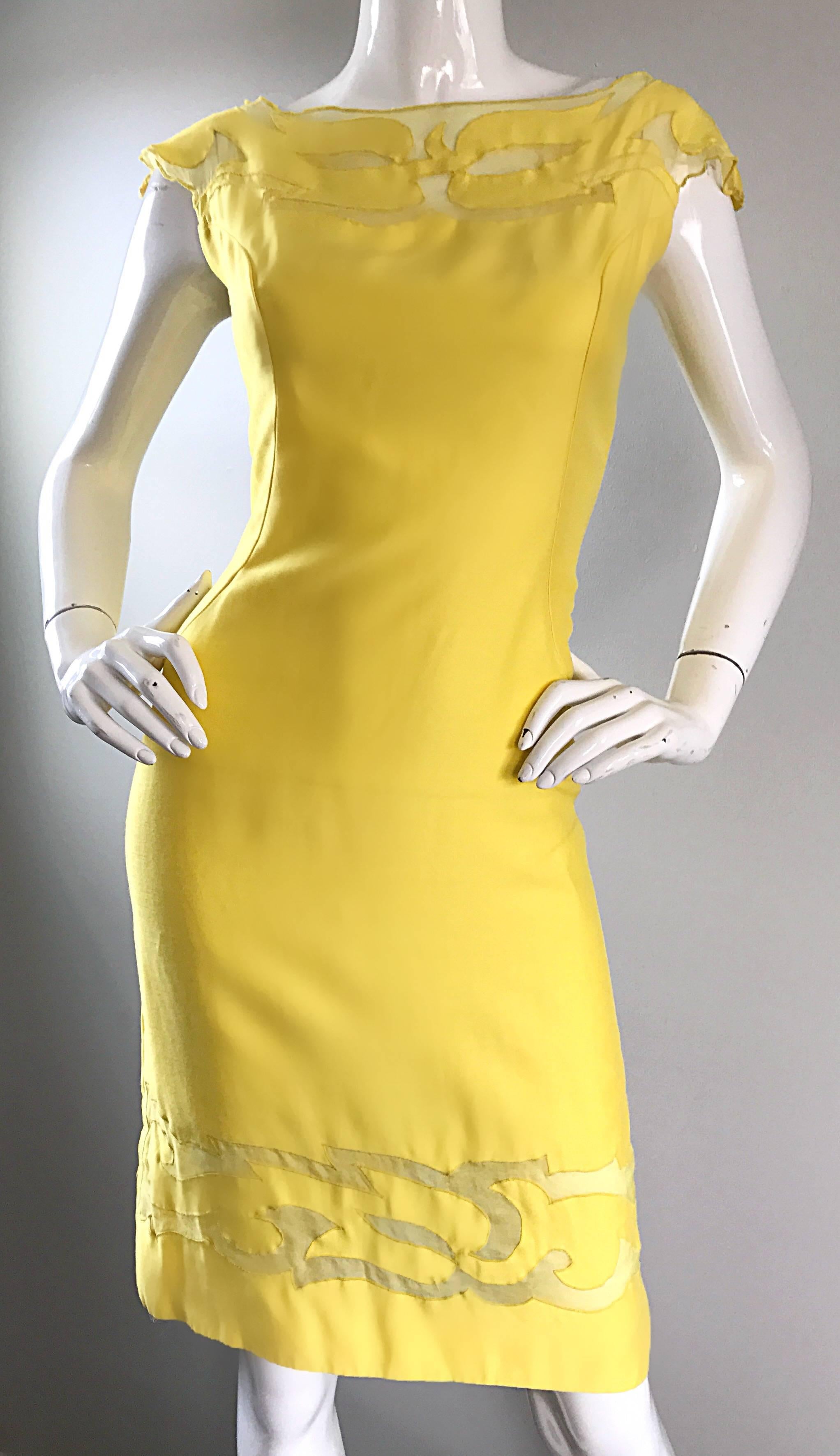 Amazing 1950s Canary Yellow Silk Vintage Cut - Out 50s Bombshell Wiggle Dress  In Excellent Condition For Sale In San Diego, CA
