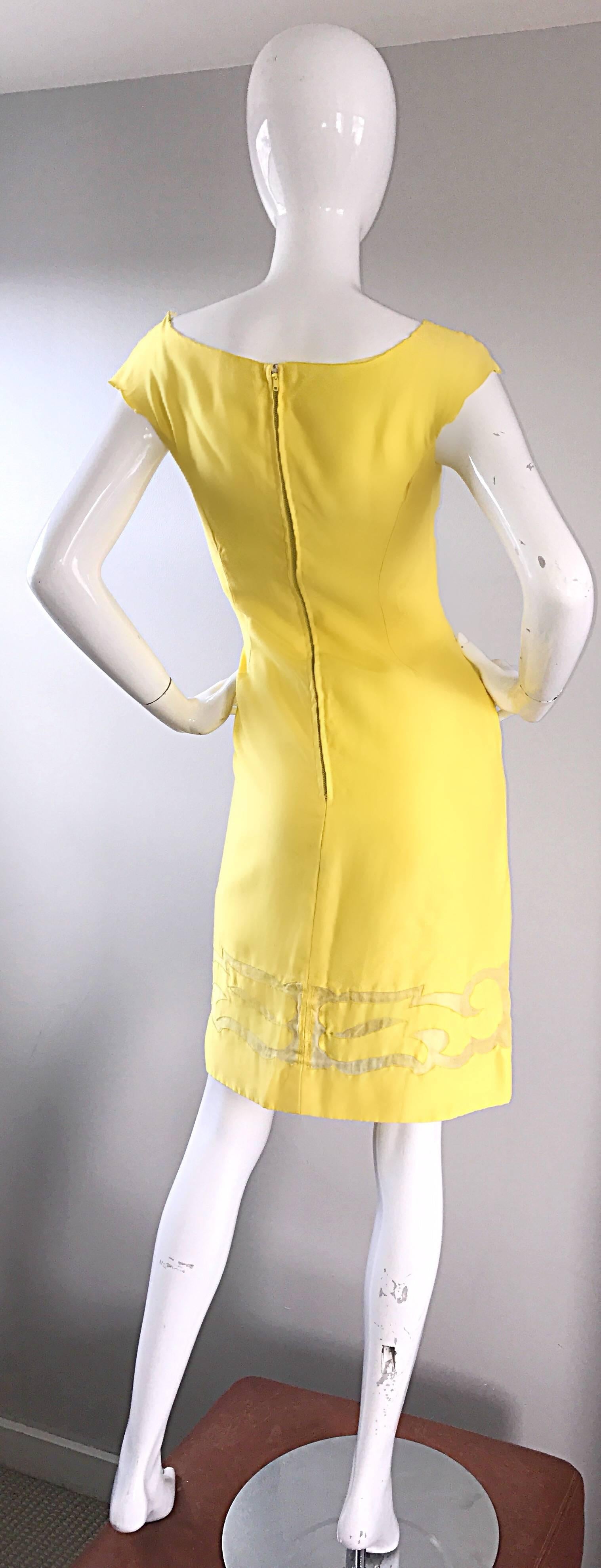 Women's Amazing 1950s Canary Yellow Silk Vintage Cut - Out 50s Bombshell Wiggle Dress  For Sale
