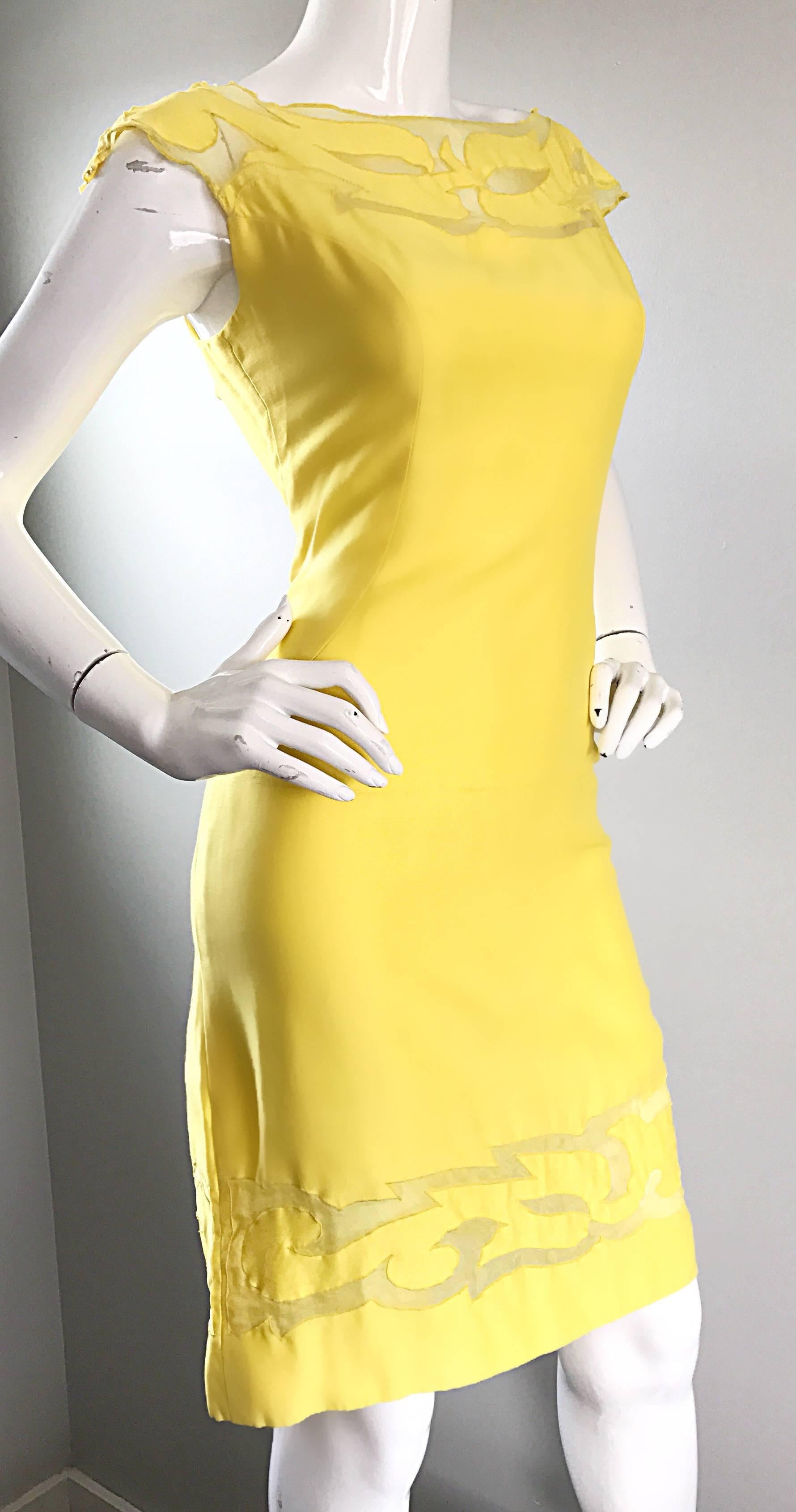 Amazing 1950s Canary Yellow Silk Vintage Cut - Out 50s Bombshell Wiggle Dress  For Sale 1