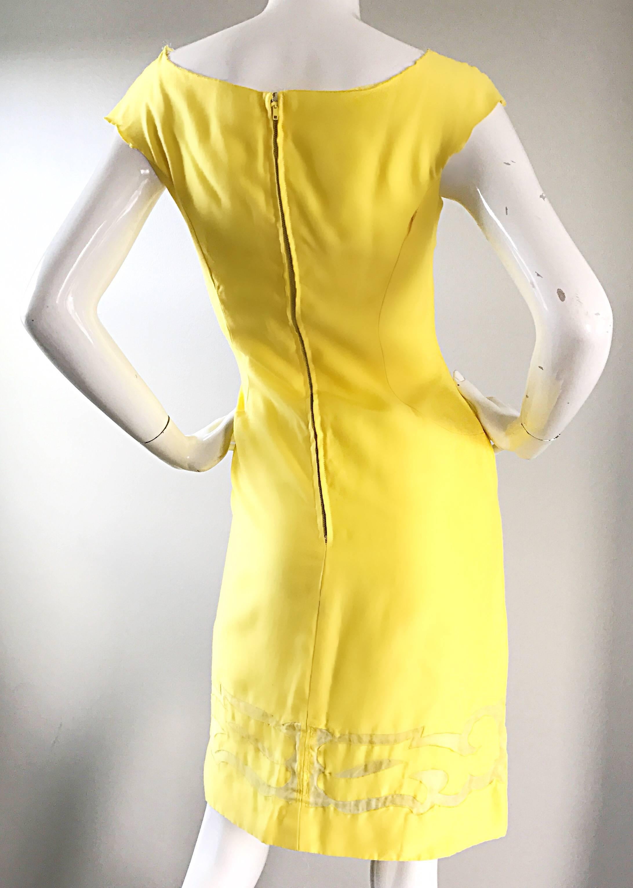 Amazing 1950s Canary Yellow Silk Vintage Cut - Out 50s Bombshell Wiggle Dress For Sale 2