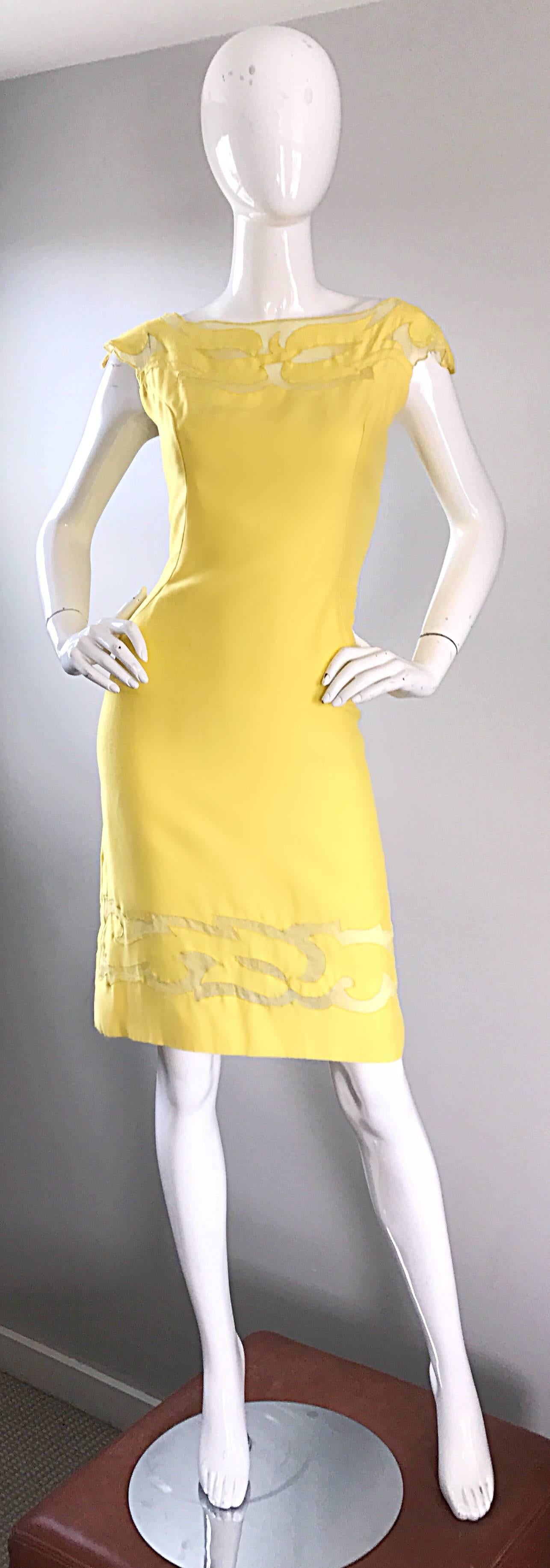 Amazing 1950s Canary Yellow Silk Vintage Cut - Out 50s Bombshell Wiggle Dress  For Sale 3