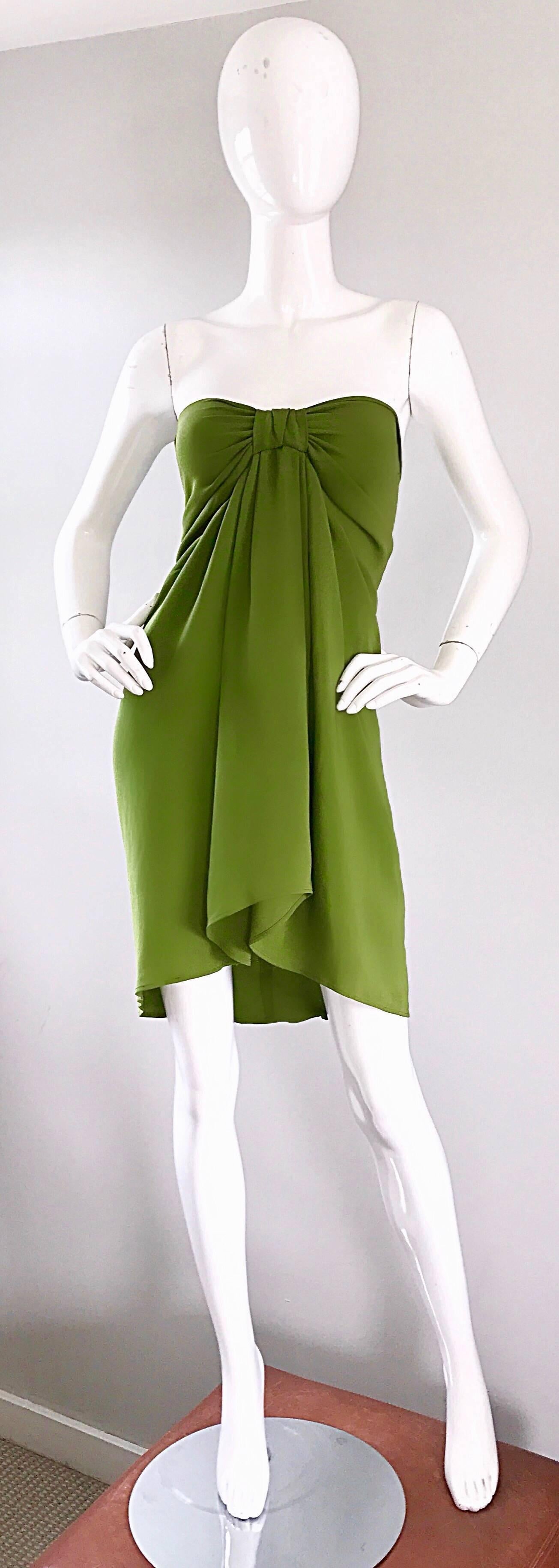 Sexy 1990s vintage CHRISTIAN LACROIX chartreuse gree empire waist strapless silk crepe mini dress! Beautiful vibrant green color. Flattering fit, with a fitted bodice, and full body. Drapes beautifully, with couture quality! Flirty asymmetrical