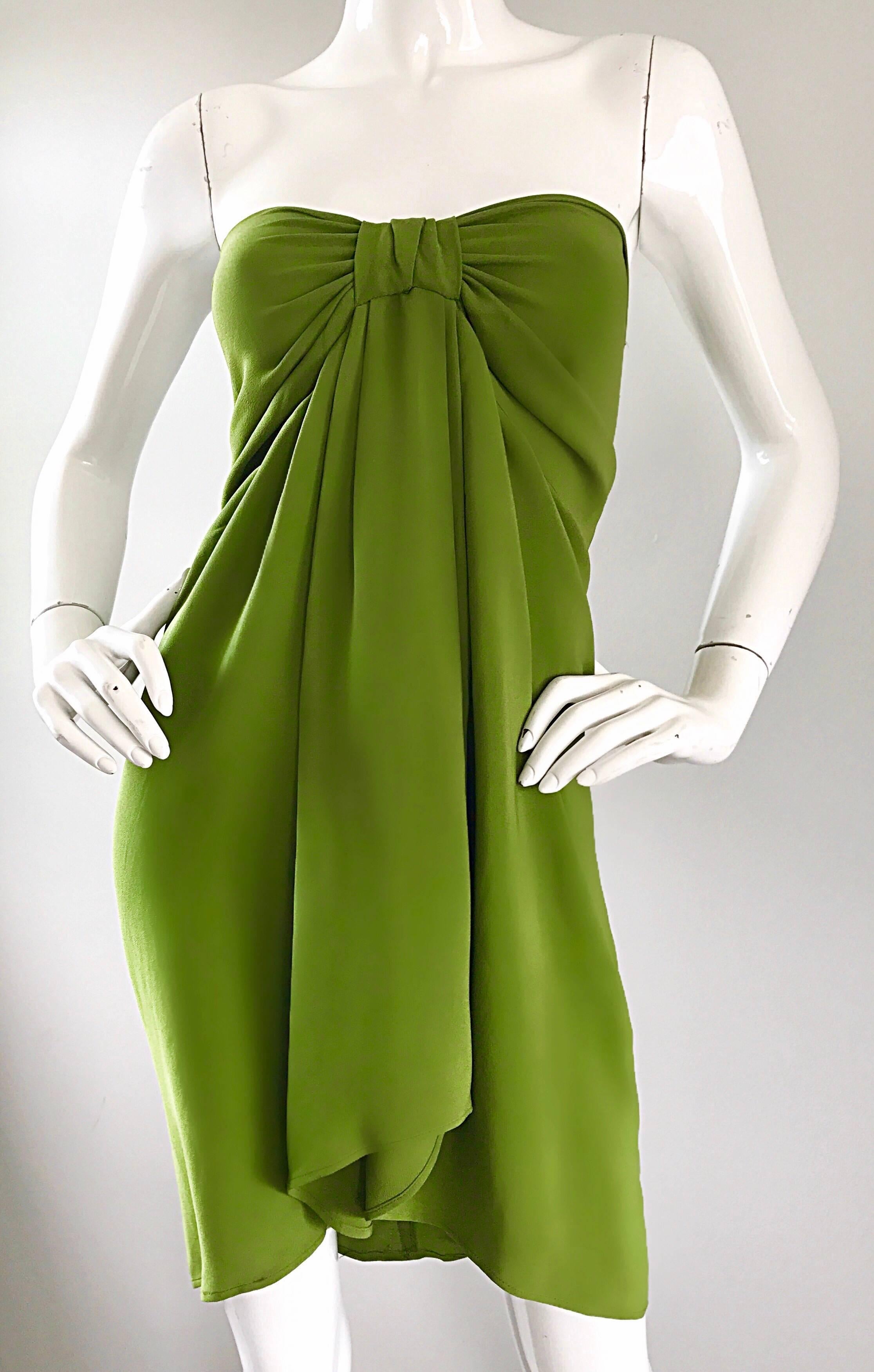 Christian Lacroix 1990s Chartreuse Green Strapless 90s Silk Empire Waist Dress 1