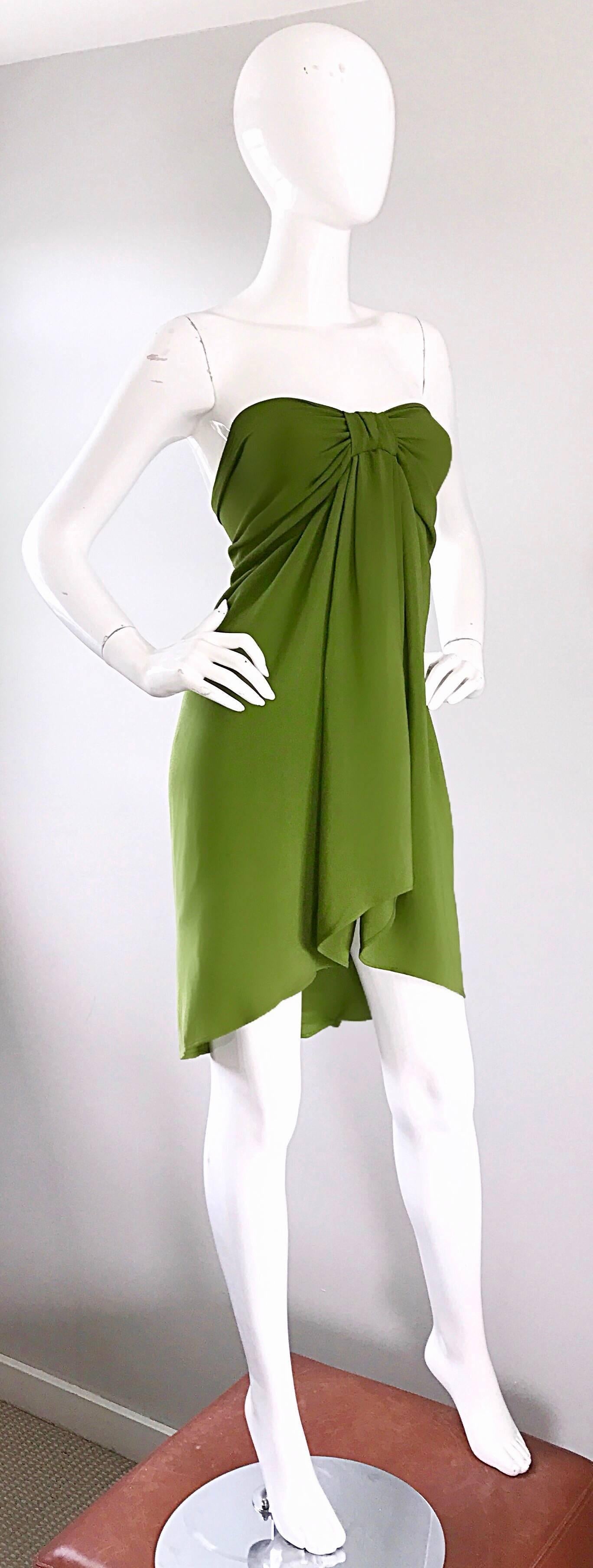 Christian Lacroix 1990s Chartreuse Green Strapless 90s Silk Empire Waist Dress 2