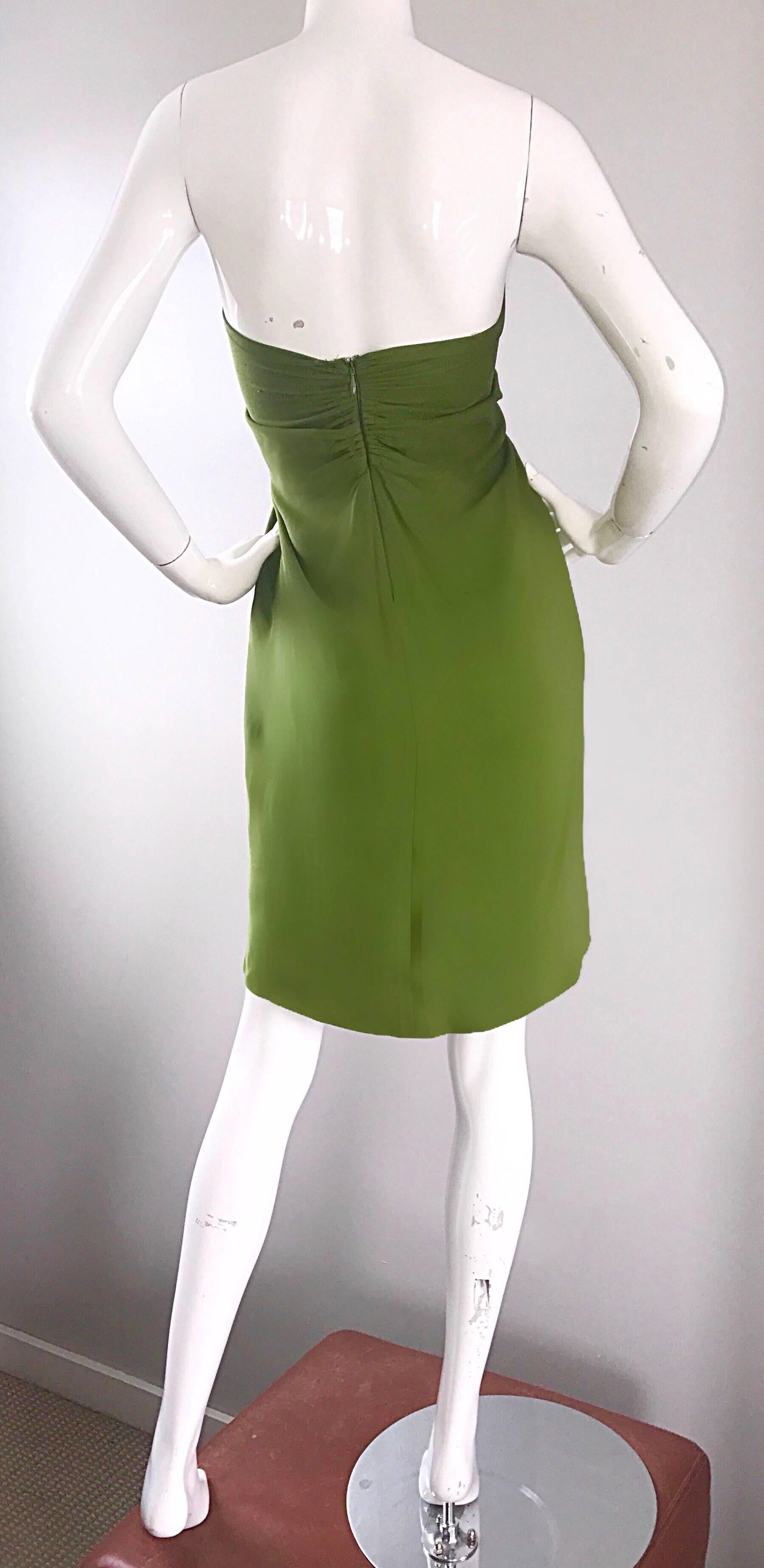 Christian Lacroix 1990s Chartreuse Green Strapless 90s Silk Empire Waist Dress 3