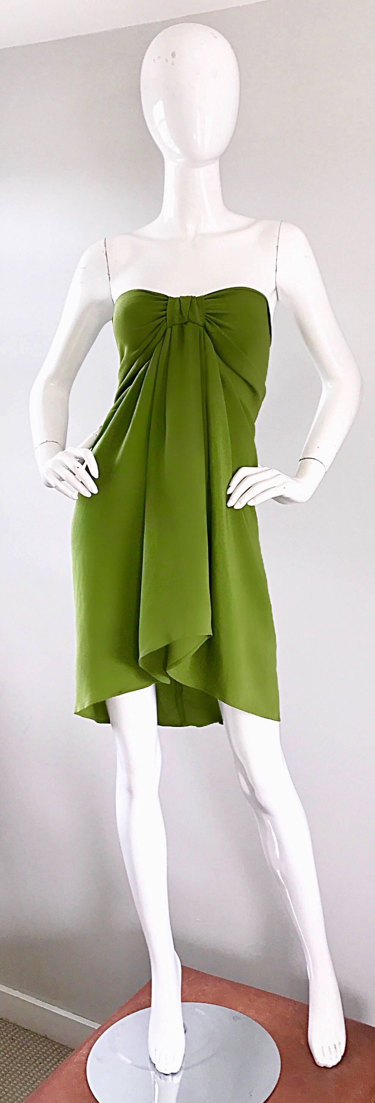 Christian Lacroix 1990s Chartreuse Green Strapless 90s Silk Empire Waist Dress 4