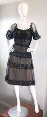 Vintage Jeannene Booher Black + Nude Silk Lace 1970s Short Sleeve Flirty Dress
