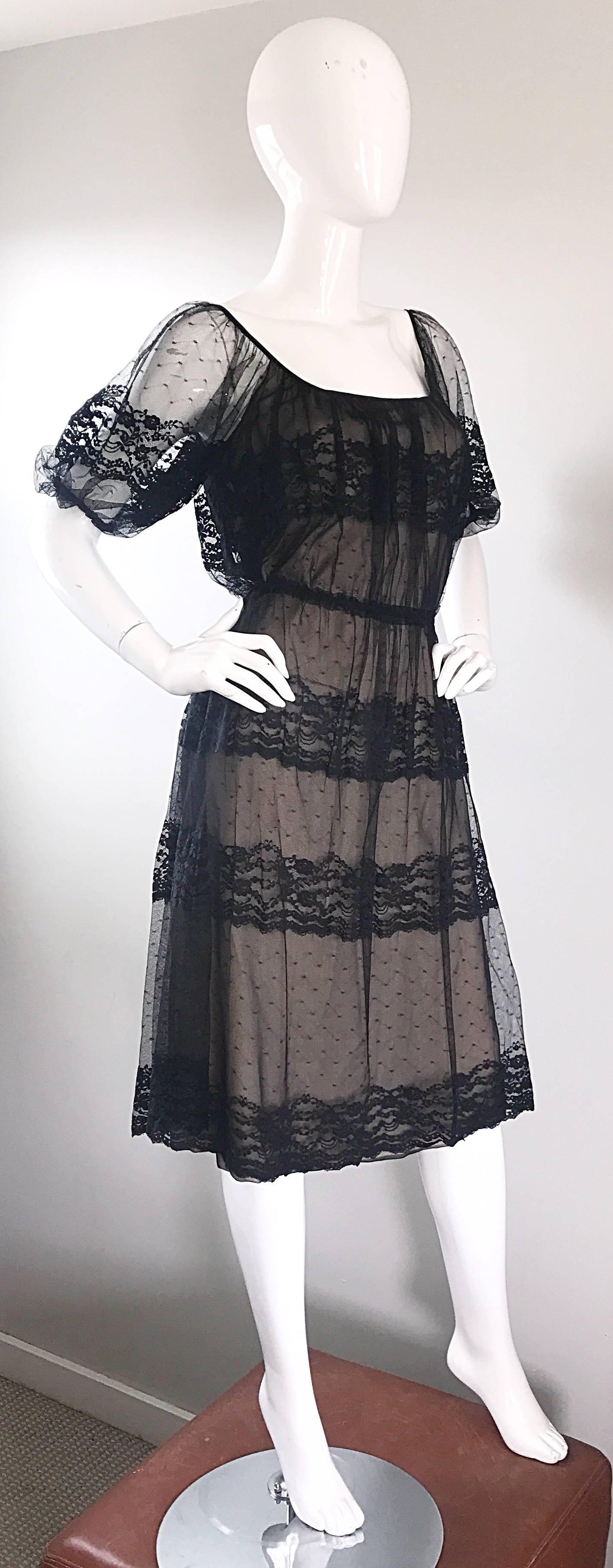 Vintage Jeannene Booher Black + Nude Silk Lace 1970s Short Sleeve Flirty Dress In Excellent Condition For Sale In San Diego, CA