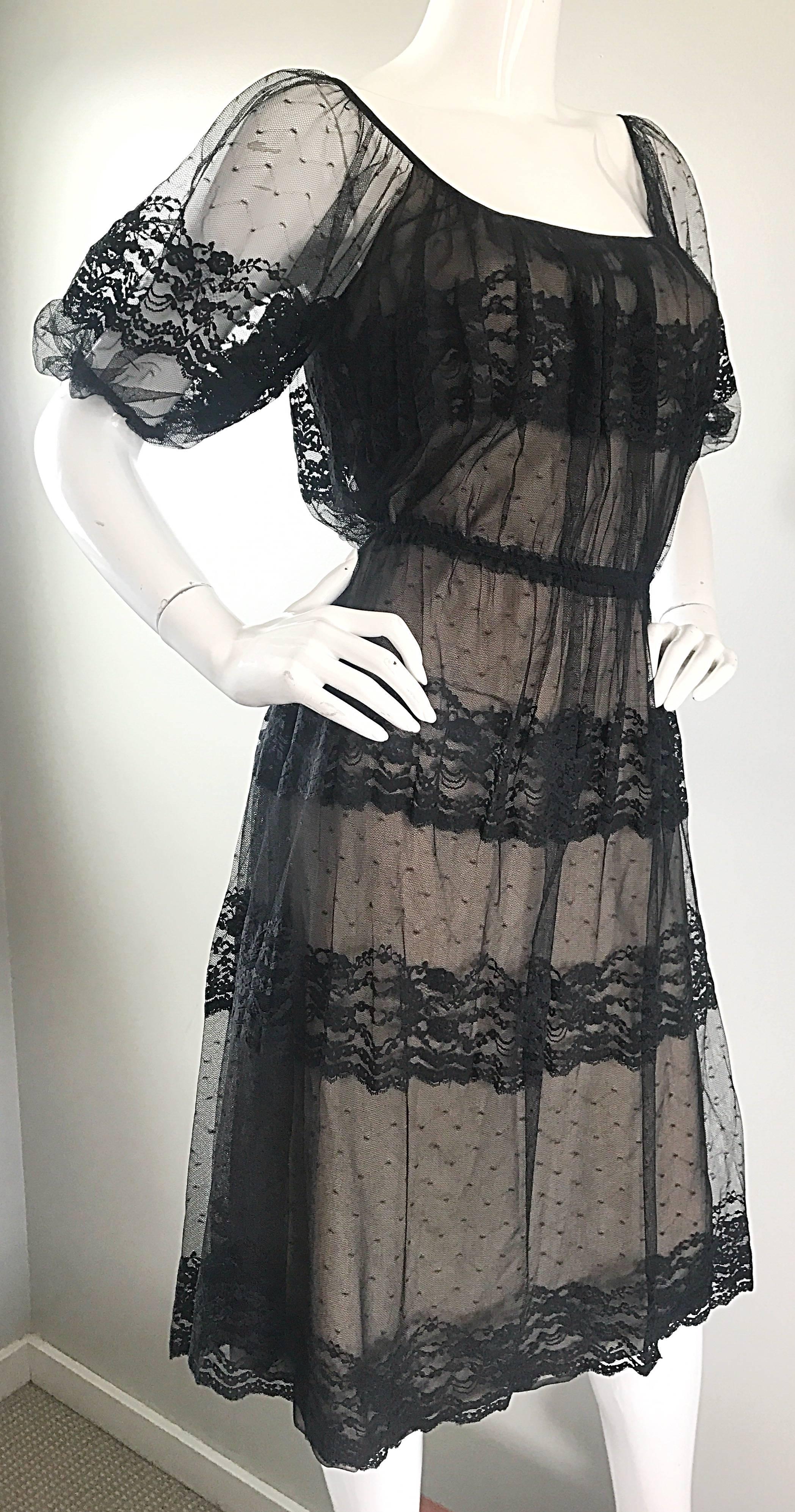 Vintage Jeannene Booher Black + Nude Silk Lace 1970s Short Sleeve Flirty Dress For Sale 2