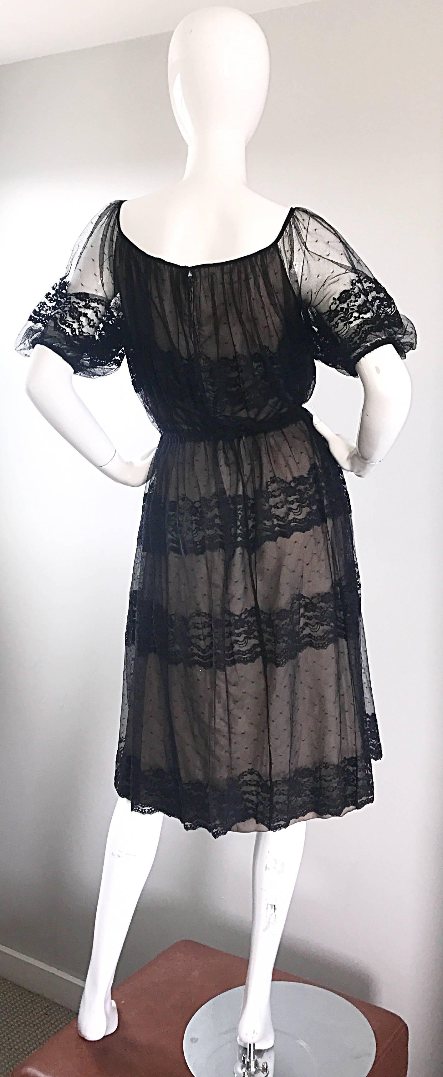 Vintage Jeannene Booher Black + Nude Silk Lace 1970s Short Sleeve Flirty Dress For Sale 1