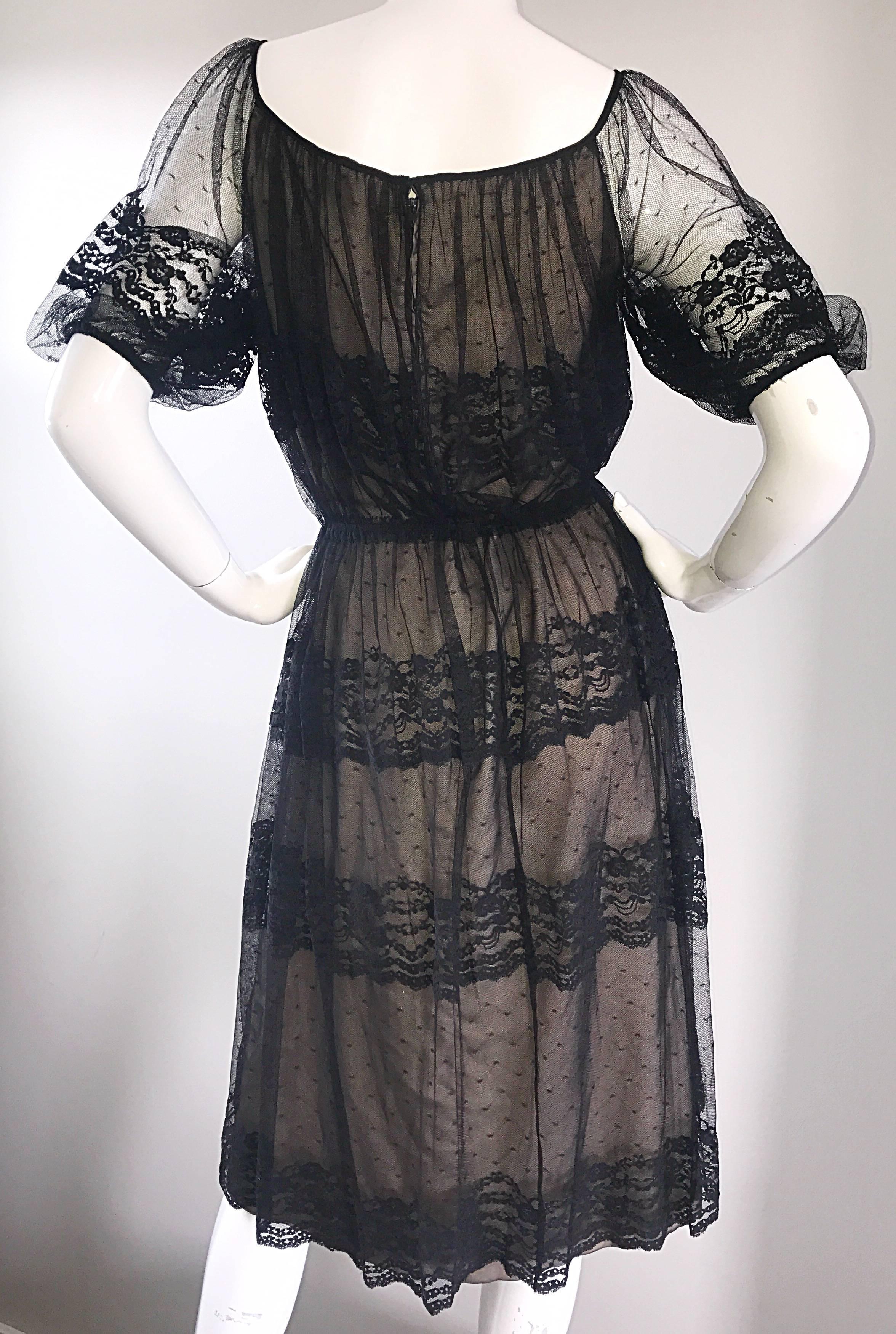 Vintage Jeannene Booher Black + Nude Silk Lace 1970s Short Sleeve Flirty Dress For Sale 3