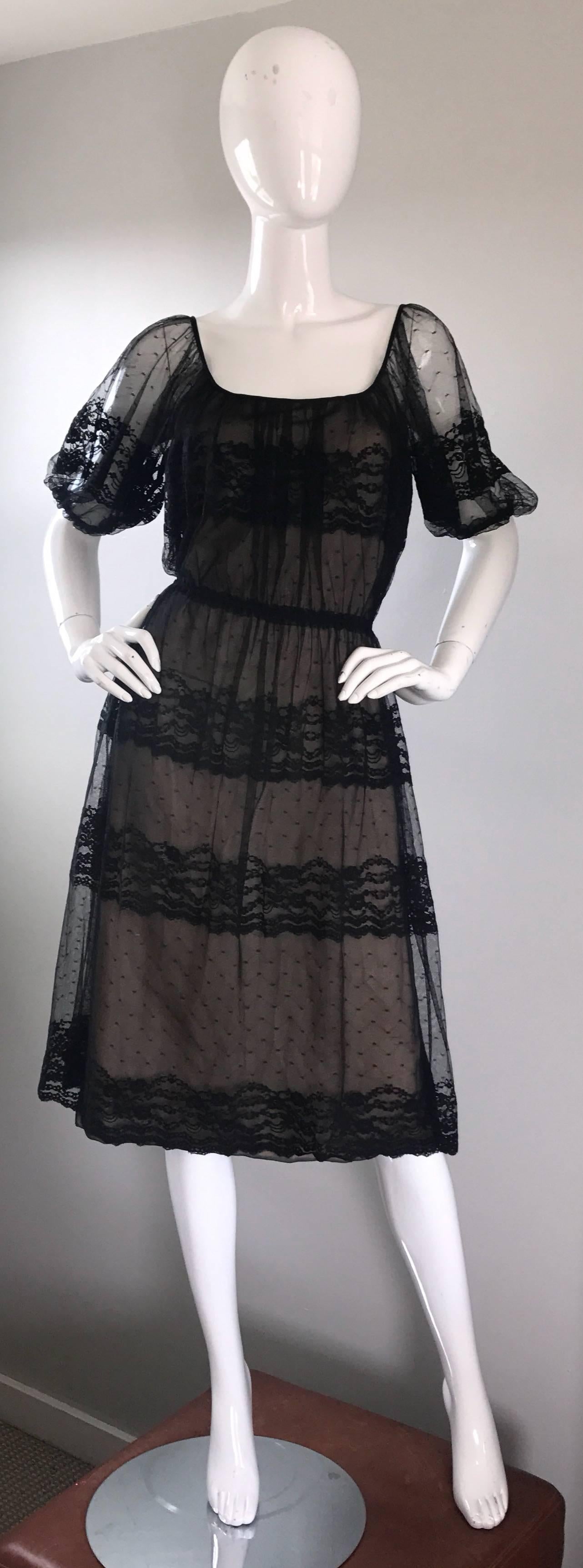Vintage Jeannene Booher Black + Nude Silk Lace 1970s Short Sleeve Flirty Dress For Sale 4