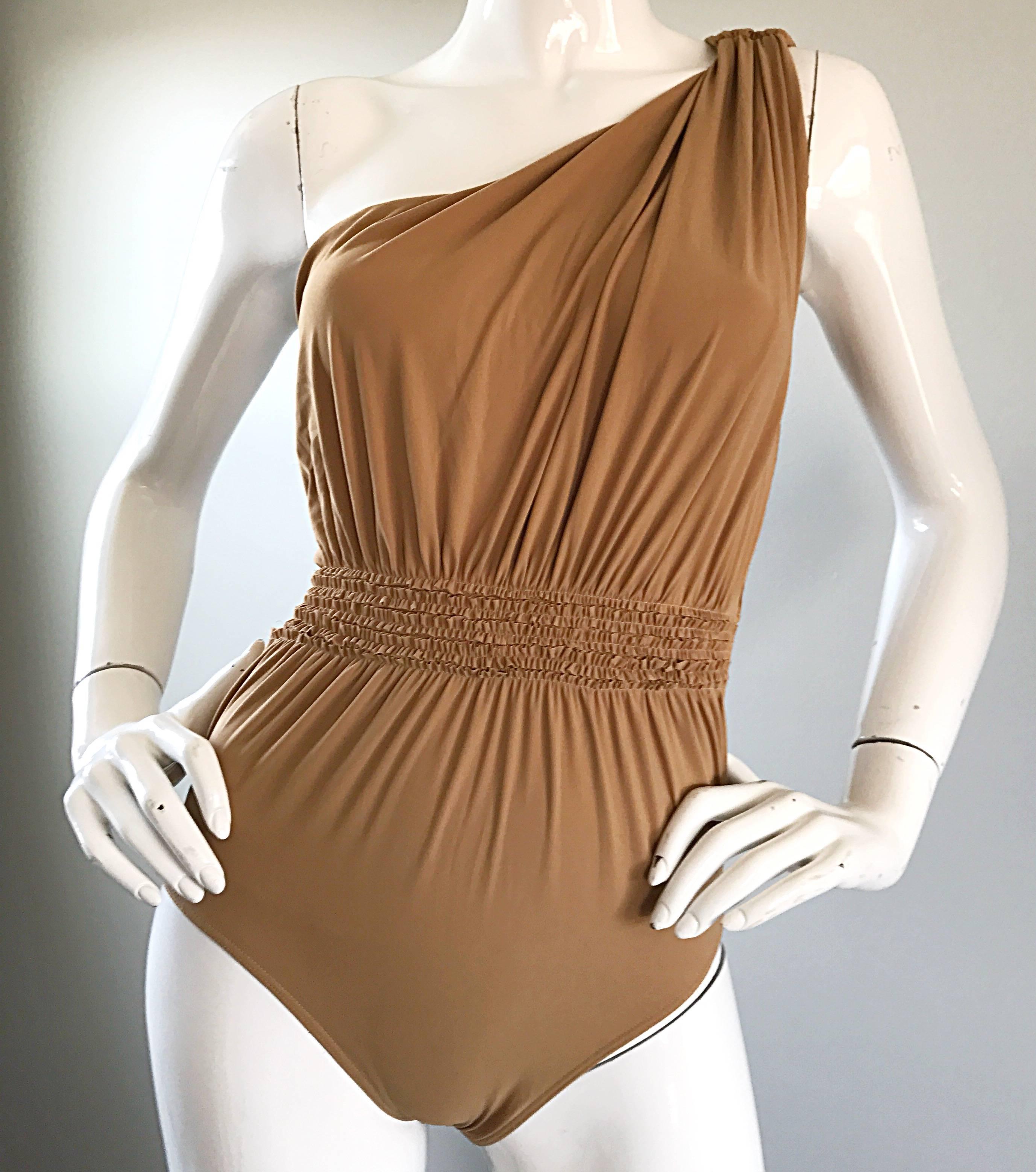 Lanvin 2011 Alber Elbaz Tan Caramel One Shoulder Grecian Bodysuit or Swimsuit In Excellent Condition For Sale In San Diego, CA