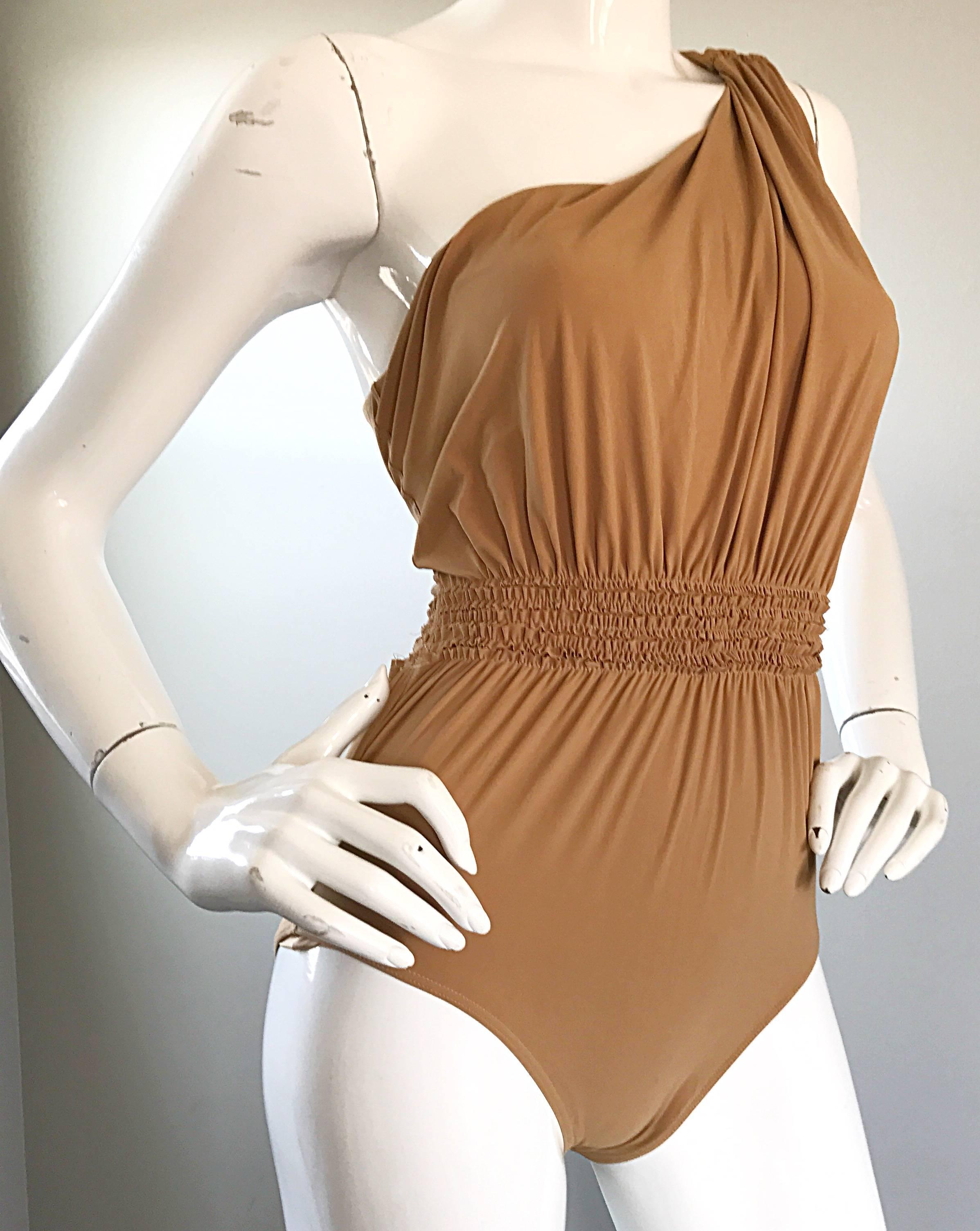 Lanvin 2011 Alber Elbaz Tan Caramel One Shoulder Grecian Bodysuit or Swimsuit For Sale 2