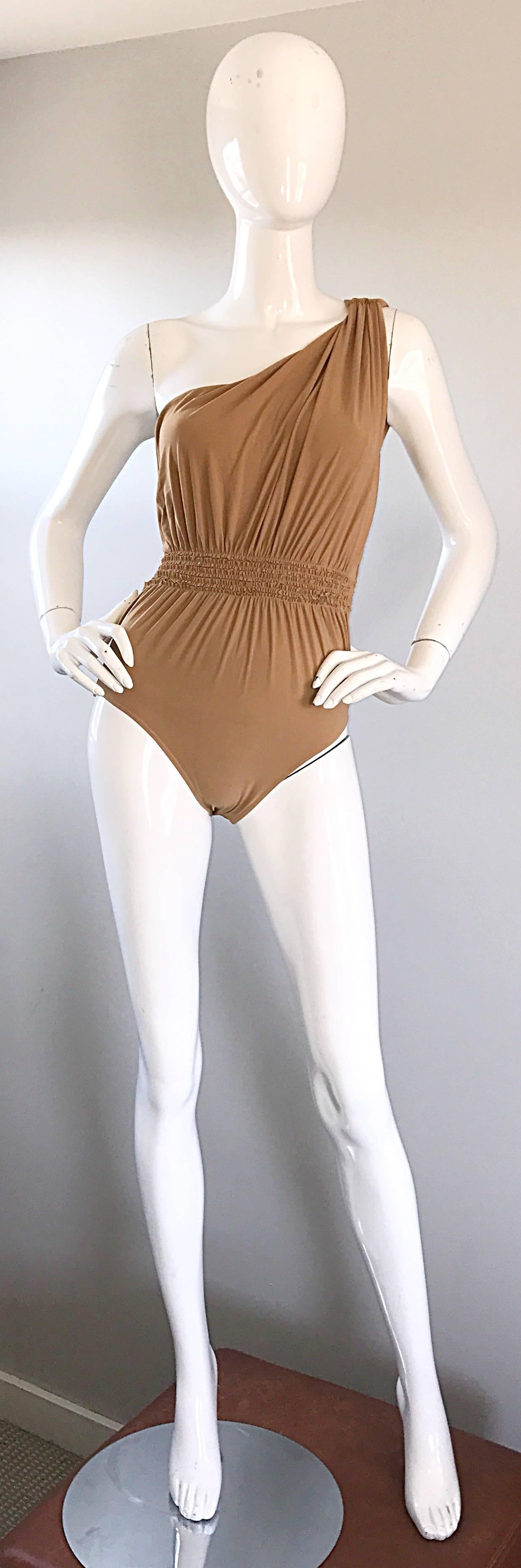 Lanvin 2011 Alber Elbaz Tan Caramel One Shoulder Grecian Bodysuit or Swimsuit For Sale 3