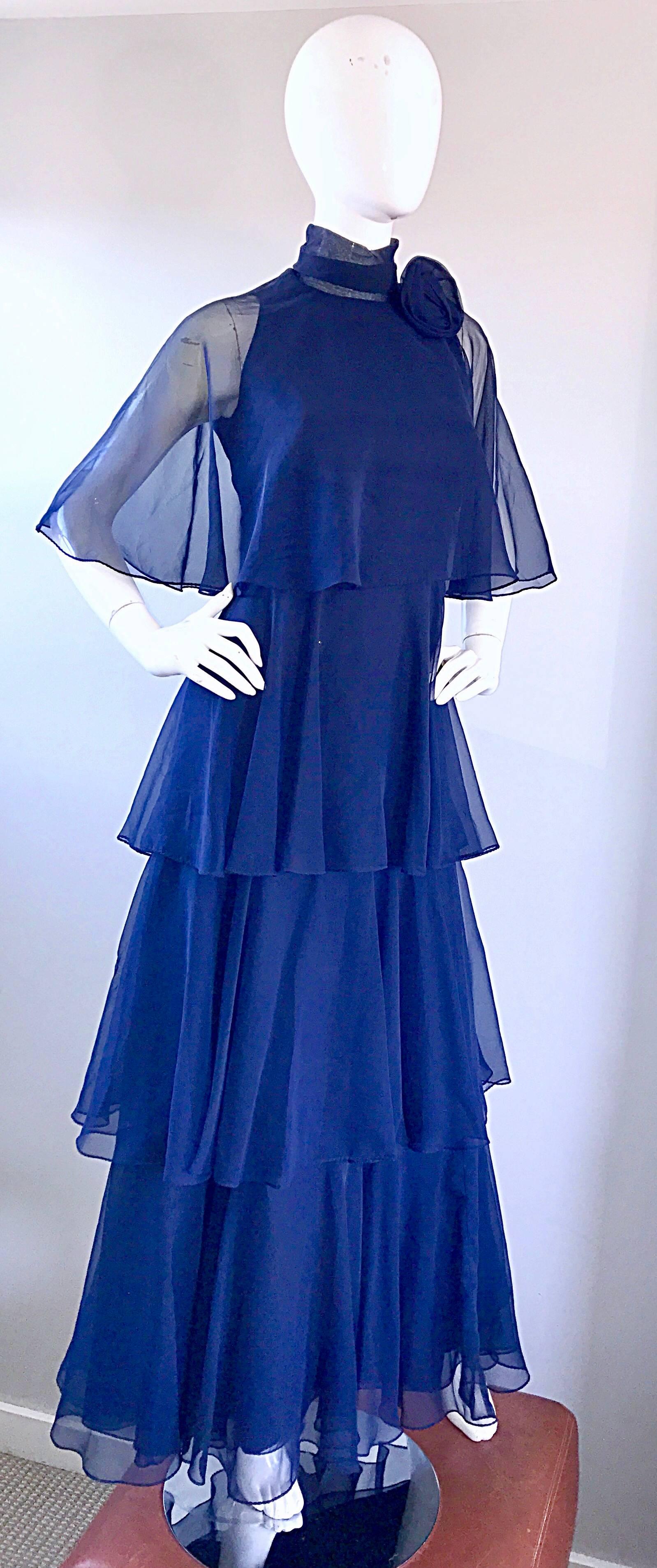 1970s Elliette Lewis Navy Blue Chiffon High Neck Caped Tiered Gown / Maxi Dress In Excellent Condition For Sale In San Diego, CA