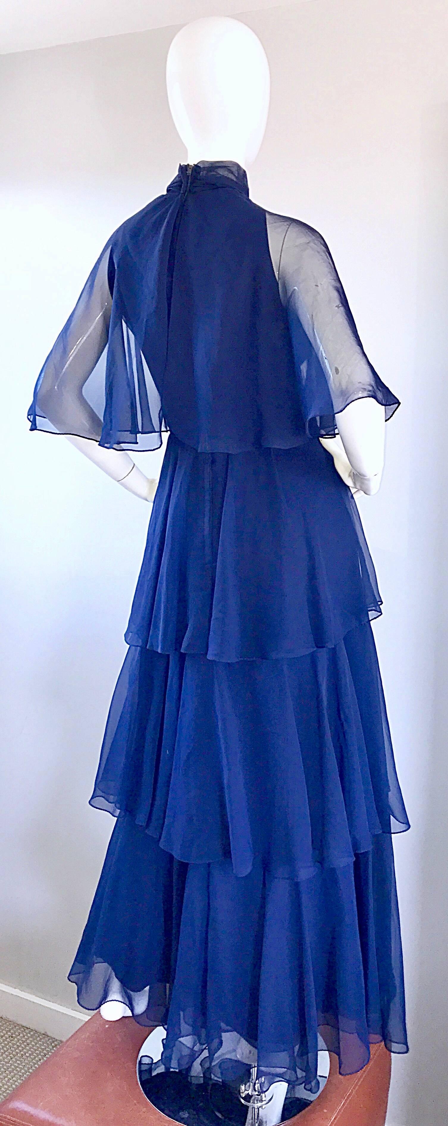 1970s Elliette Lewis Navy Blue Chiffon High Neck Caped Tiered Gown / Maxi Dress For Sale 1