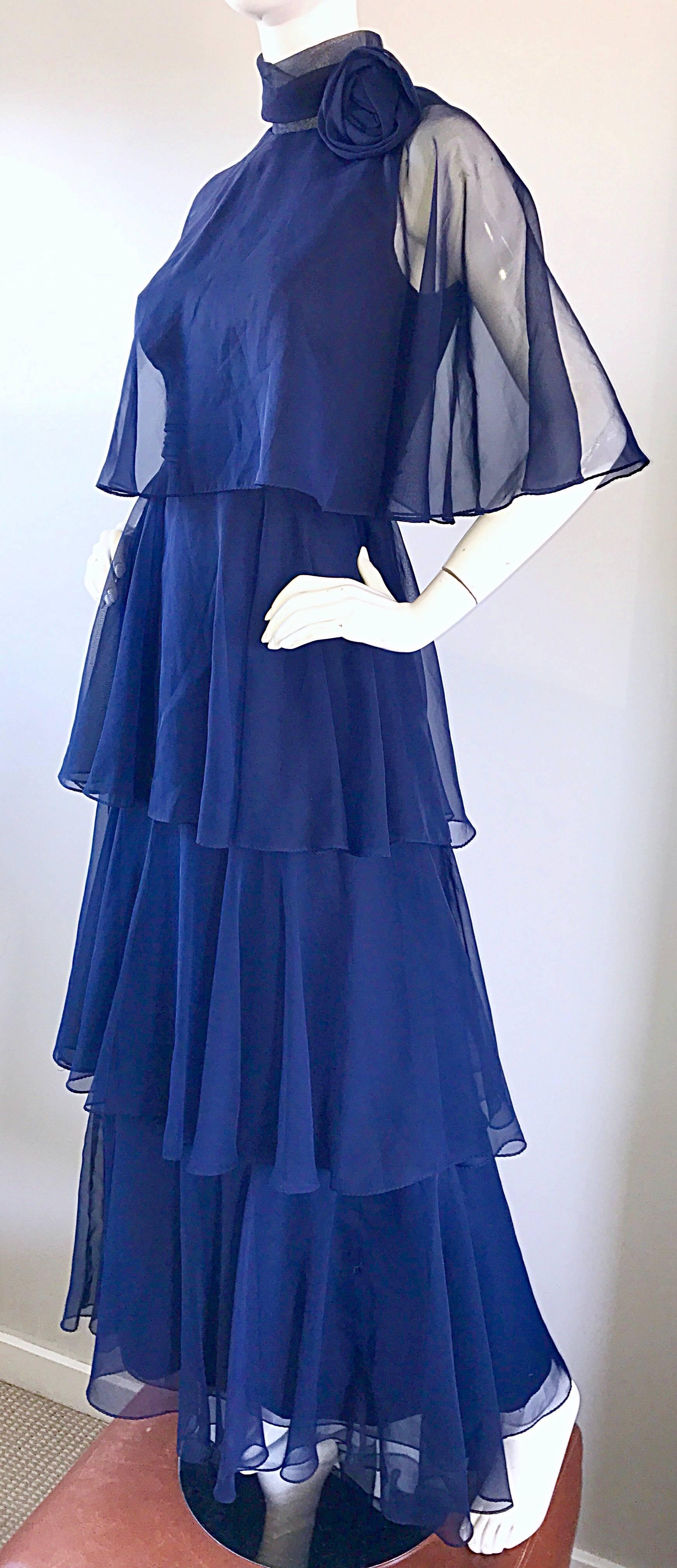 1970s Elliette Lewis Navy Blue Chiffon High Neck Caped Tiered Gown / Maxi Dress For Sale 2