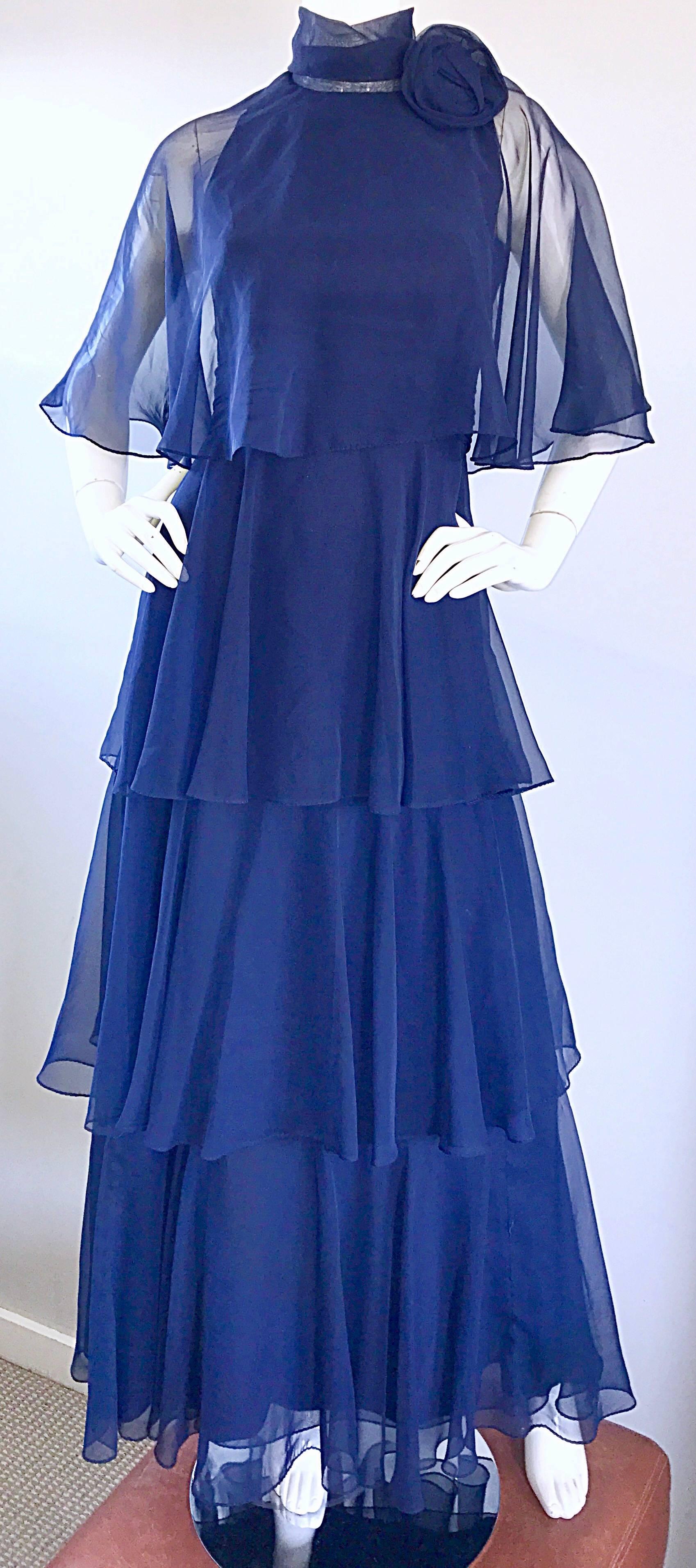 Women's 1970s Elliette Lewis Navy Blue Chiffon High Neck Caped Tiered Gown / Maxi Dress For Sale